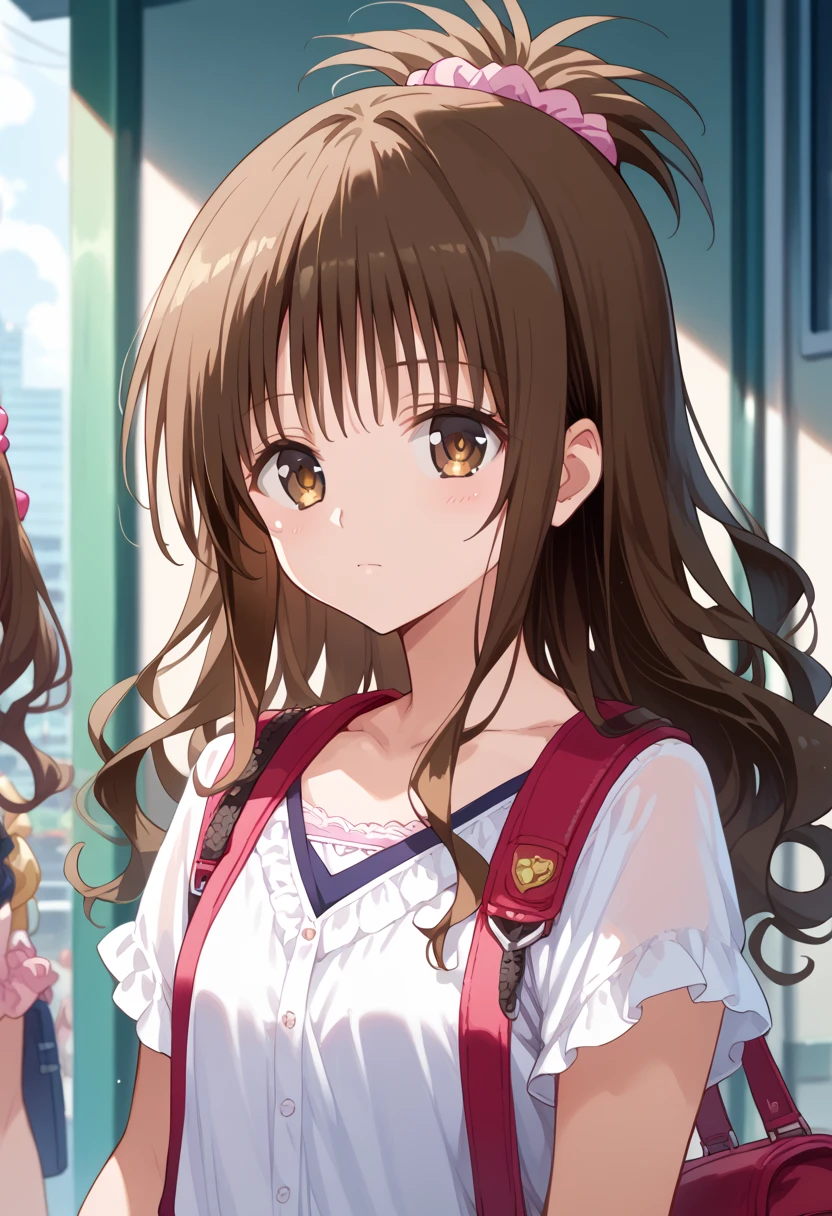 masterpiece, high definition , top quality,8k
( mikan yuuki,brown eyes,brown hair,hair ornament,hair scrunchie,long hair,pink scrunchie,scrunchie)