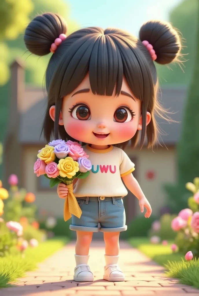 A cute and adorable  girl with her hair styled into two high buns and bangs, her shimmering hair strands glowing under the gentle afternoon sun. She’s a beautiful  with rosy cheeks, wearing a pastel-colored shirt with the word “uwu” printed on the front. She sits joyfully in a small rustic hut near a lush green rice field, her tiny hands resting on her knees as she gazes out at the serene landscape. The tranquil scene features golden stalks of rice swaying in the breeze, a sparkling river winding through the fields, and majestic mountains standing tall in the distance. The sunlight bathes the setting in a golden hue, creating a peaceful and heartwarming moment of pure joy and wonder.

