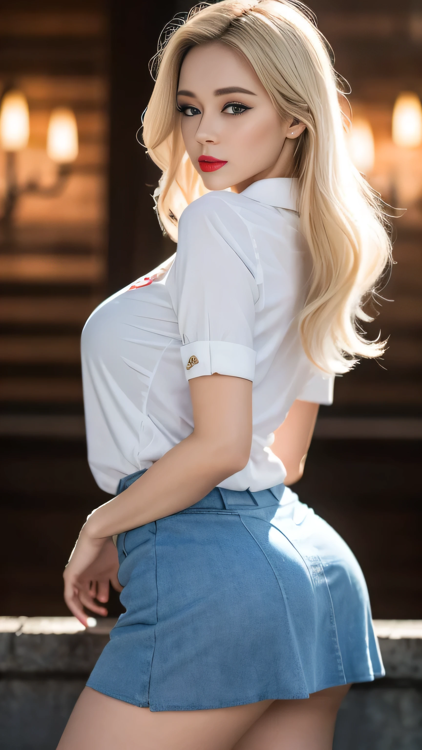 1 female、(Super beautiful)、(Pretty Face:1.5)、(A European stewardess1.5)、(Brown curly hair1.2)、(Bangs:1.1)、(Red leather skirt:1.1)、(Flight attendant uniform)、(Tailored Jackets)、(Solid Navy Mini Skirt)、(Brown wavy hair:1.2)、High heel、(Dark Makeup)，Smooth and delicate skin，Sweat on the skin，(Masterpiece: 1.4), (8000, Realism, RAW photo, best quality: 1.4), Japanese, (1 girl), beautiful face, (lifelike face: 1.4), (brown wavy roll: 1.3), beautiful hair style, beautiful and meticulous eyes, (best proportion eyes: 1.5), attractive, ultra-high resolution, surRealism, very detailed, best aspect ratio, (meticulous face: 1.4), looking at the audience, red lipstick, (best finger proportion: 1.5), (a beautiful stewardess looking at the camera), [(18 years), whole body, (lifelike blue eyes: 1.2), (strength display In describing the behavior of female superman, (very good, very good: 1.4), lively nipples, (bare nipples, bare breasts, realistic high proportion breasts, realistic big breasts): 1.3), (shut up: 1.4), (camel then cat: 1.3), away from cat,