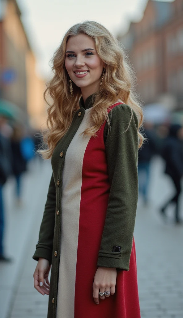 photograph, Front View, Full body, standing pose, 1 Jewish cute woman ,30-age, fashion model, ambassador of New Balance, (blond curl hair long hair, brown eyes ,smile, natural make up, blue veil), Women's long Wool dress and miniskirt, two colors on one dress, moss green and red ,center white line, with small New Balance logo, black hi-heal, on London street, noon, (photographic, super high definition , retina, masterpiece, anatomically correct, Accurate, textured skin, super detailed, High Details , High Quality , High Quality , high definition , 8k))
