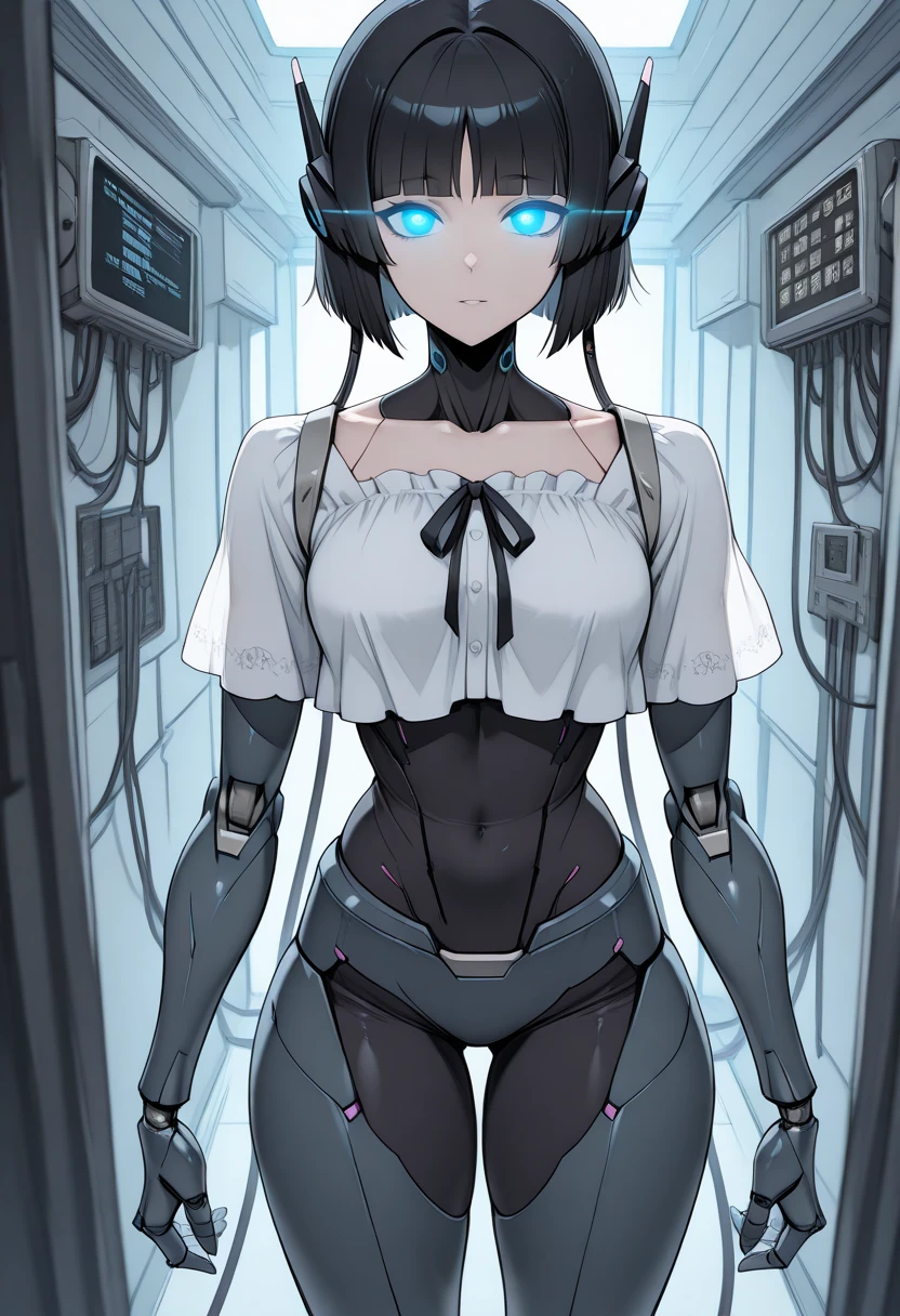 masterpiece, best quality, extremely detailed,front view,japaese android girl,control panels,android,Droid,Mechanical Hand,Robot arms and legs,peplum tops,blouse,Blunt bangs,long tube,thick cable connected her neck,hypno wave, glowing eyes