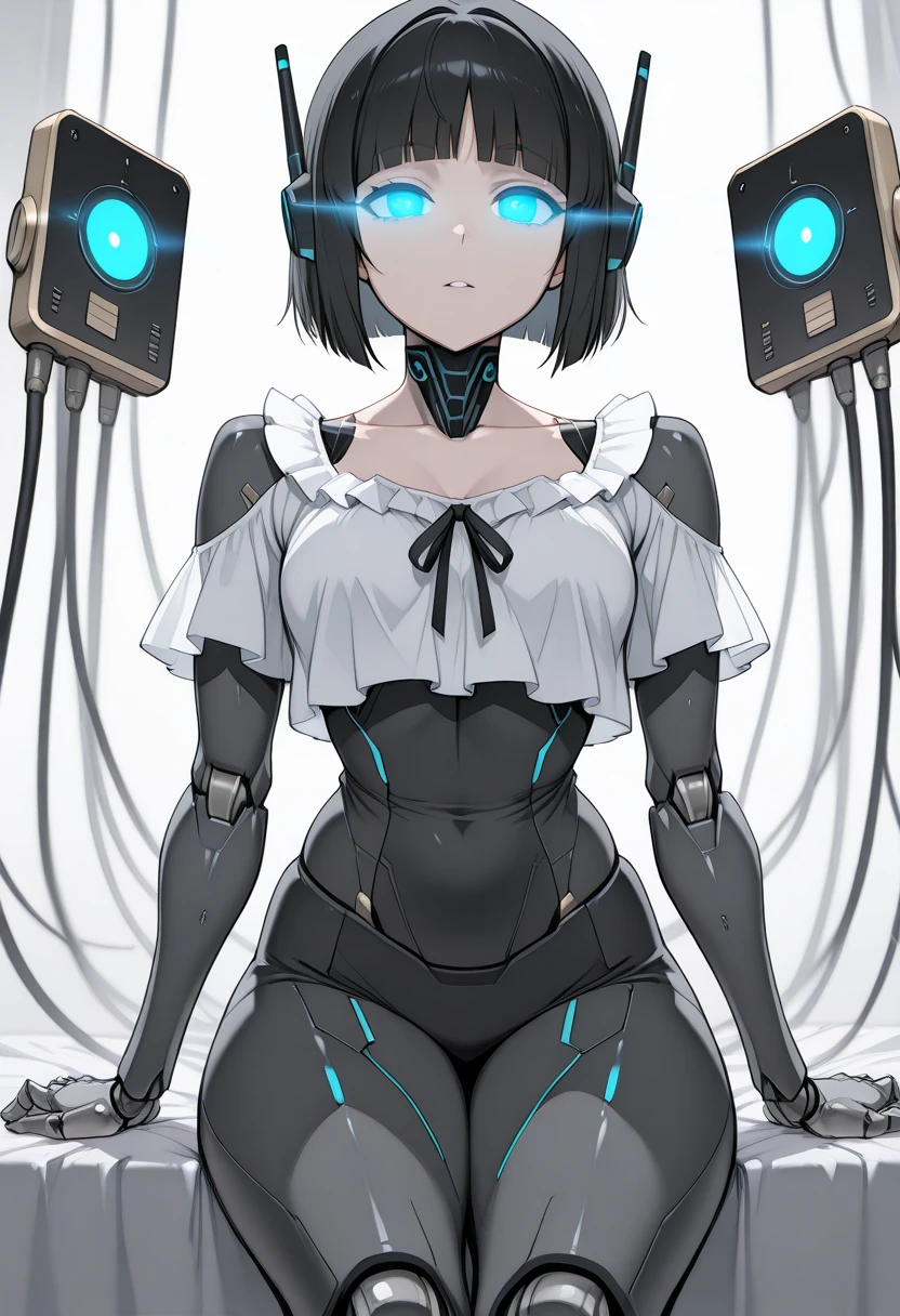 masterpiece, best quality, extremely detailed,front view,japaese android girl,control panels,android,Droid,Mechanical Hand,Robot arms and legs,peplum tops,blouse,Blunt bangs,long tube,thick cable connected her neck,hypno wave, glowing eyes