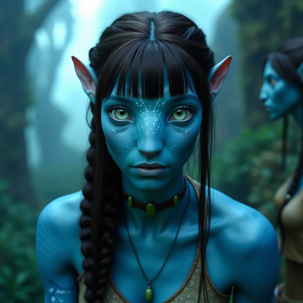 na'vi, na'vi race, avatar, pale teal blue skin, dark brown hair, blue eyes, straight brown hair with bangs, hair pulled back into a long braid, long bangs, bangs covering forehead, no eyebrows