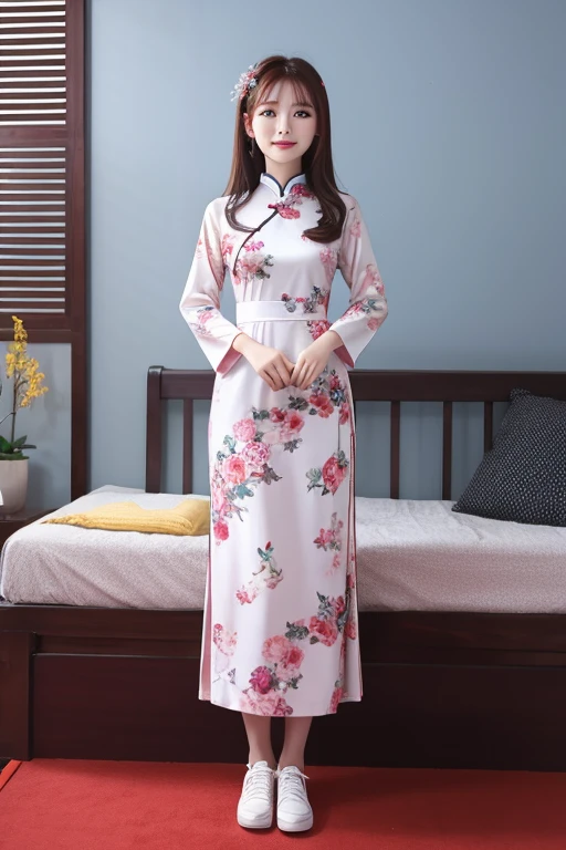 A beautiful short hair Asian girl wearing colorful Vietnamese ao dai, smirking, blurred background of flower garden.