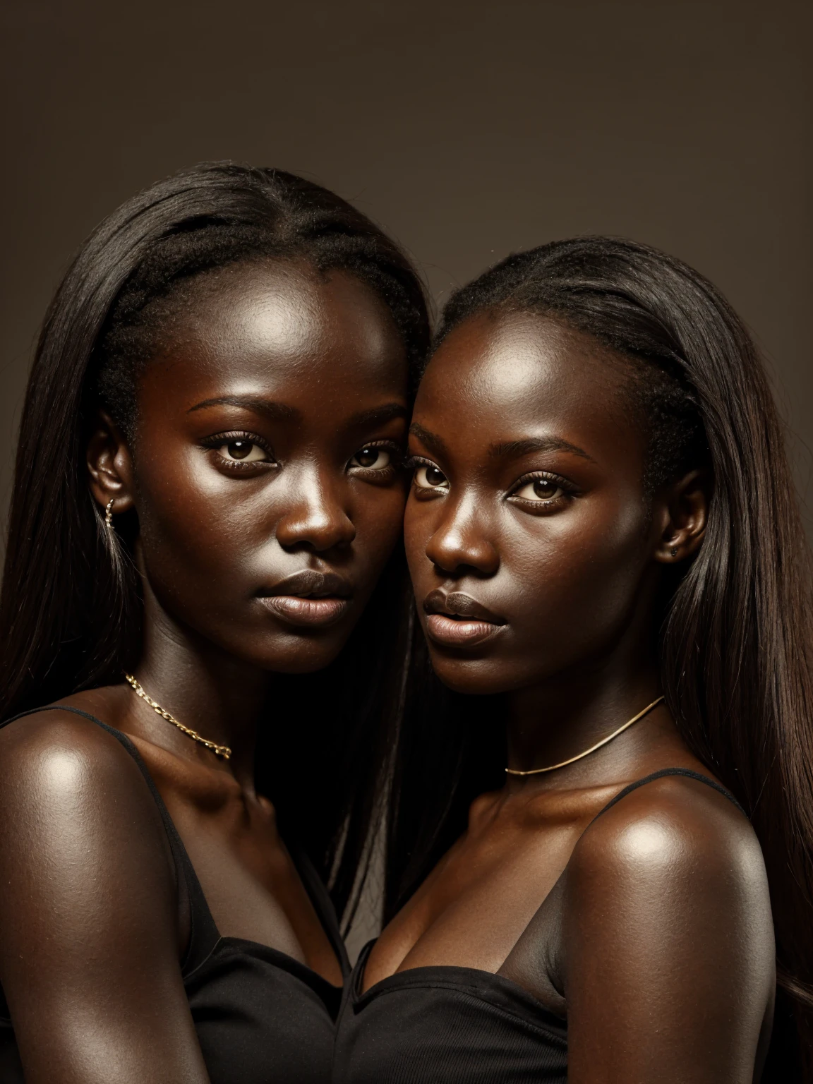 a detailed portrait of two beautiful teenage girls with dark skin, ajak deng,hijab, réaliste, fille, skinny flat chested fille, belle bouche, bouche concentrée, sexy, lécher, ebony, yeux noir profond vif, orgasme, les yeux sont légèrement ouverts, les yeux de travers entre les sourcils dans l'extase, affaler sur un sofa baroque