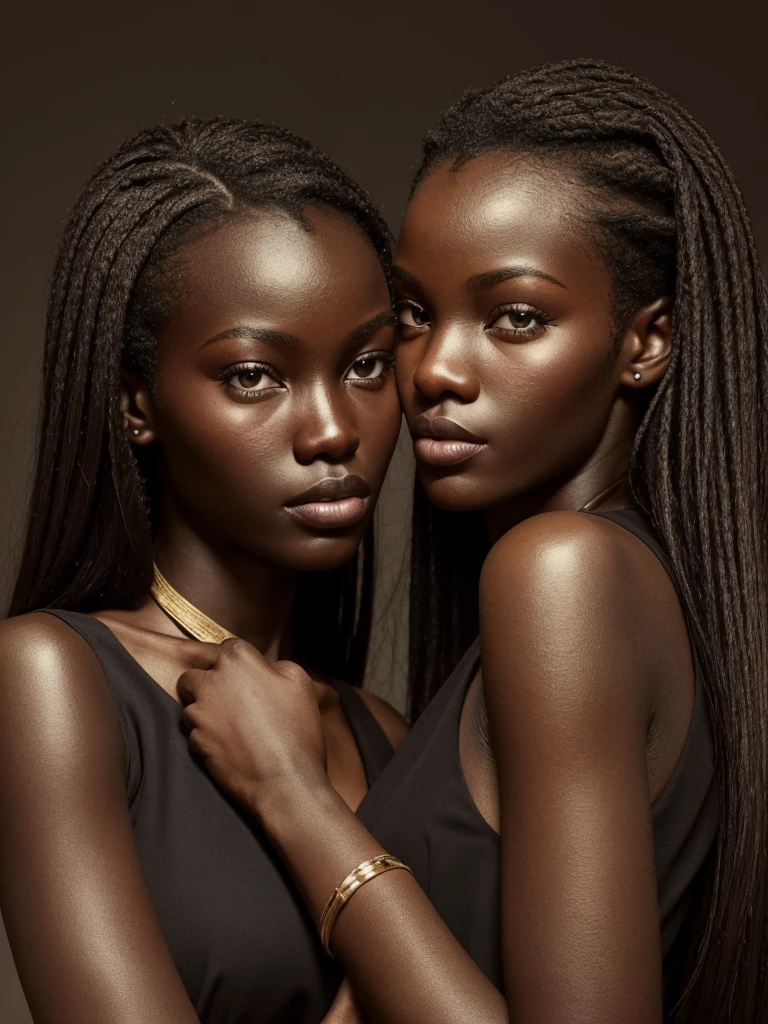 a detailed portrait of two beautiful teenage girls with dark skin, ajak deng,hijab, réaliste, fille, skinny flat chested fille, belle bouche, bouche concentrée, sexy, lécher, ebony, yeux noir profond vif, orgasme, les yeux sont légèrement ouverts, les yeux de travers entre les sourcils dans l'extase, affaler sur un sofa baroque