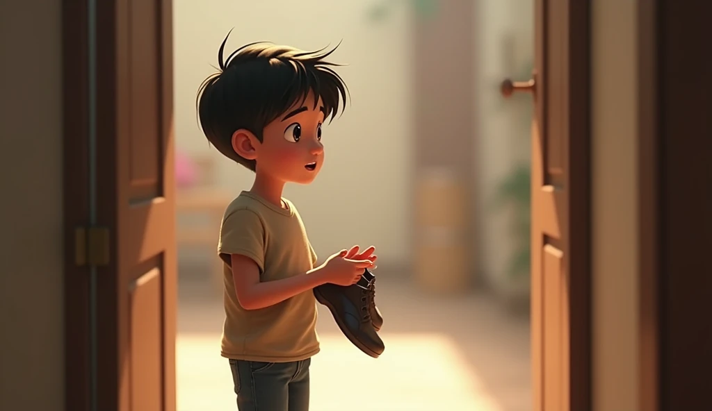 a adult boy stand near to house door and looking something which are out side of rahul house,rahul wearing yellow T-shirt and blue jeans and black shoe,,in the style of a Pixar or animated film, with detailed textures and lighting, vibrant colors, and a whimsical, lighthearted tone