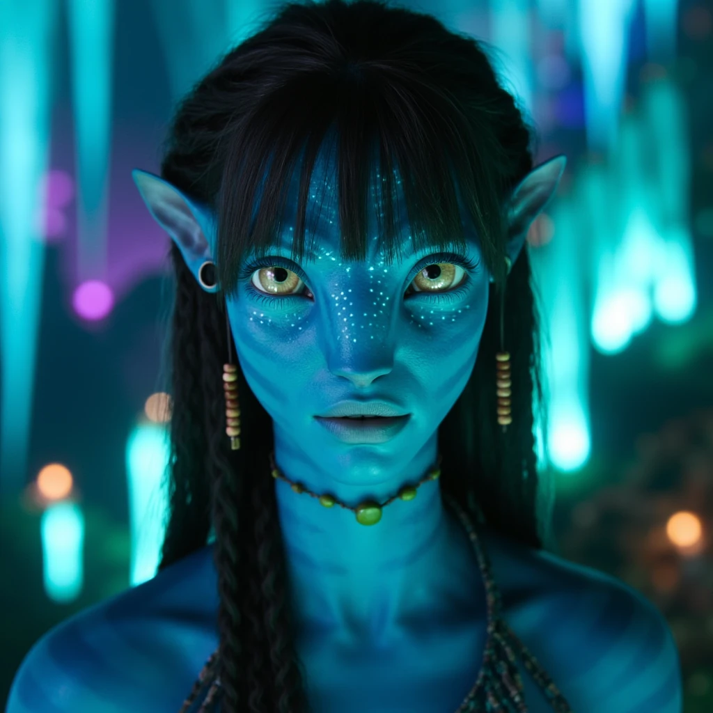 na'vi, na'vi race, avatar, pale teal blue skin, dark brown hair, blue eyes, straight brown hair with bangs, hair pulled back into a long braid, long bangs, bangs covering forehead, no eyebrows