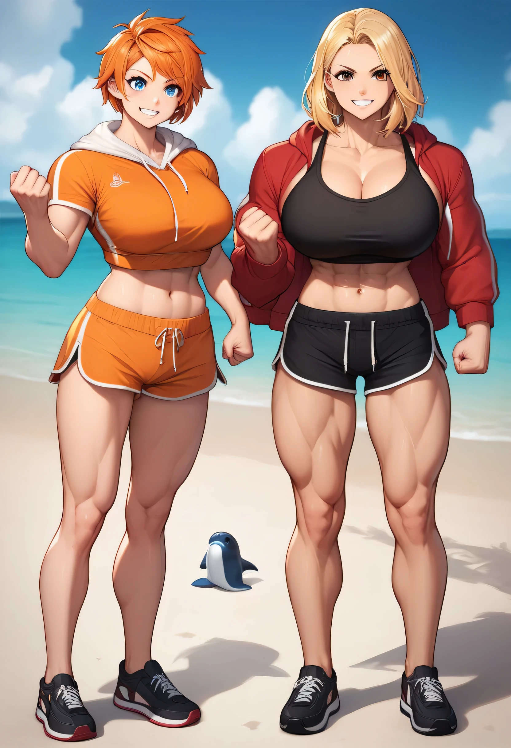 2girls (black footwear, orange hair, medium hair, breasts, big breasts, clenched hands, dolphin shorts, drawstring, facing viewer, full body, short sleeves, brown eyes, black shoes in flats, shorts, smile, orange tank top, big muscle woman, standing, high, navel), (1girl, black footwear, blonde hair, medium hair, breasts, big breasts, clenched hands, dolphin shorts, drawstring, facing viewer, full body, long sleeves, blue eyes, black shoes in flats, red jacket, shorts, smile, black tank top, big muscle woman, standing, high)