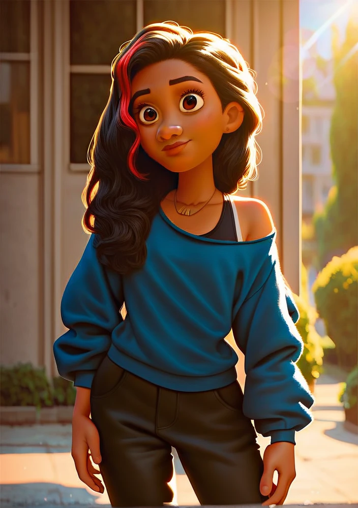 masterpiece,best quality,
 valortiz, 1girl, blue shirt, exposed left shoulder,  1 necklace, dark hair, multicolored hair, black pants, brown eyes, outdoor school front, sunlight highlighting off body, 2D animation, Disney, dark skin