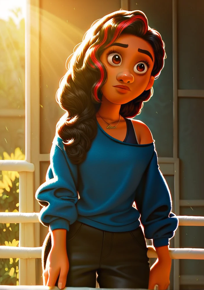 masterpiece,best quality,
 valortiz, 1girl, blue shirt, exposed left shoulder,  1 necklace, dark hair, multicolored hair, black pants, brown eyes, outdoor school front, sunlight highlighting off body, 2D animation, Disney, dark skin