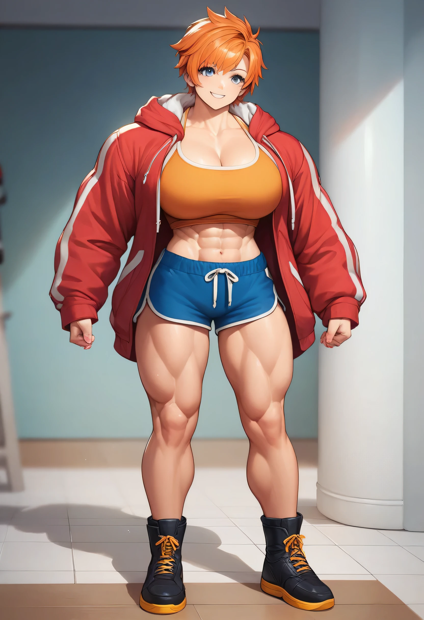 1girl (black footwear, yellow hair, medium hair,  breasts, big breasts, dolphin shorts, drawstring, facing viewer, full body, long sleeves, blue eyes, black shoes in flats, closed red jacket, shorts, smile, big muscle woman, standing, high,) 2girl (anime woman standing on a floor, 1girl, solo, short hair, shoes, 20 years, orange hair, brown eyes, large muscle woman, blue shorts, stands sideways, orange tank, high black boots with orange laces, black thighhighs, high,)