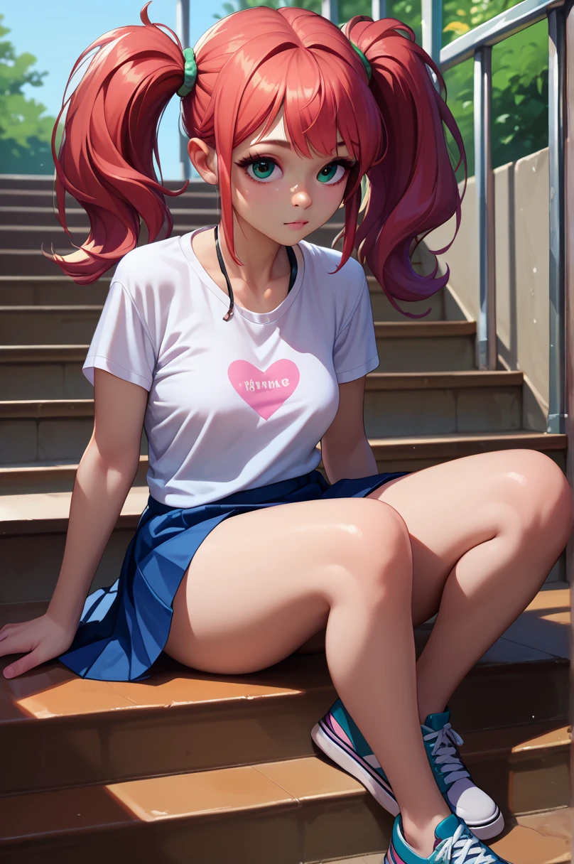 1 girl, sitting on stairs, skirt,  t-shirt, neckline,  Big Tits, ponytails
