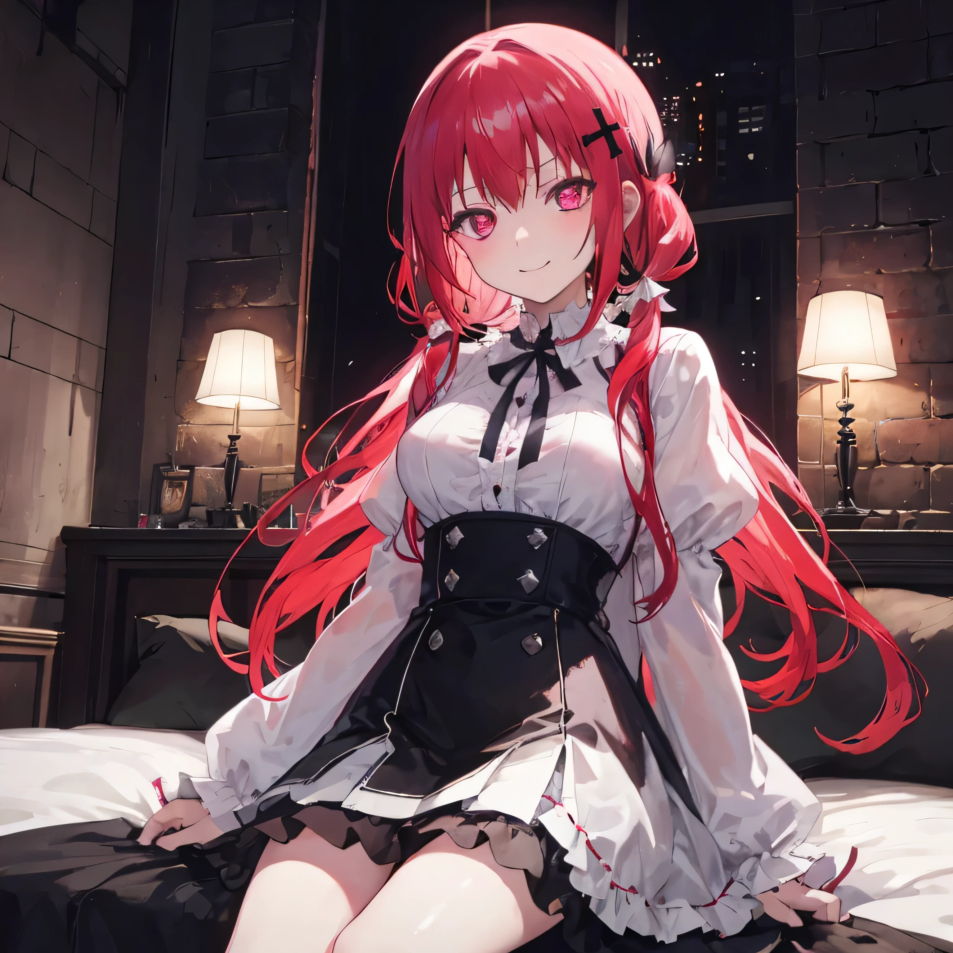 a large white cross on a wall
Night time
Dark Room ,  satanichia mcdowell
Sitting on a large bed
stocking net 

dressed in white gothic clothing

long red hair
tied with 2 pigtails

And magenta eyes

Cruz accessory on your neck
detailed hands and arms
Gentle looking girl

Lonely beautiful and a beautiful smile

medium breasts 