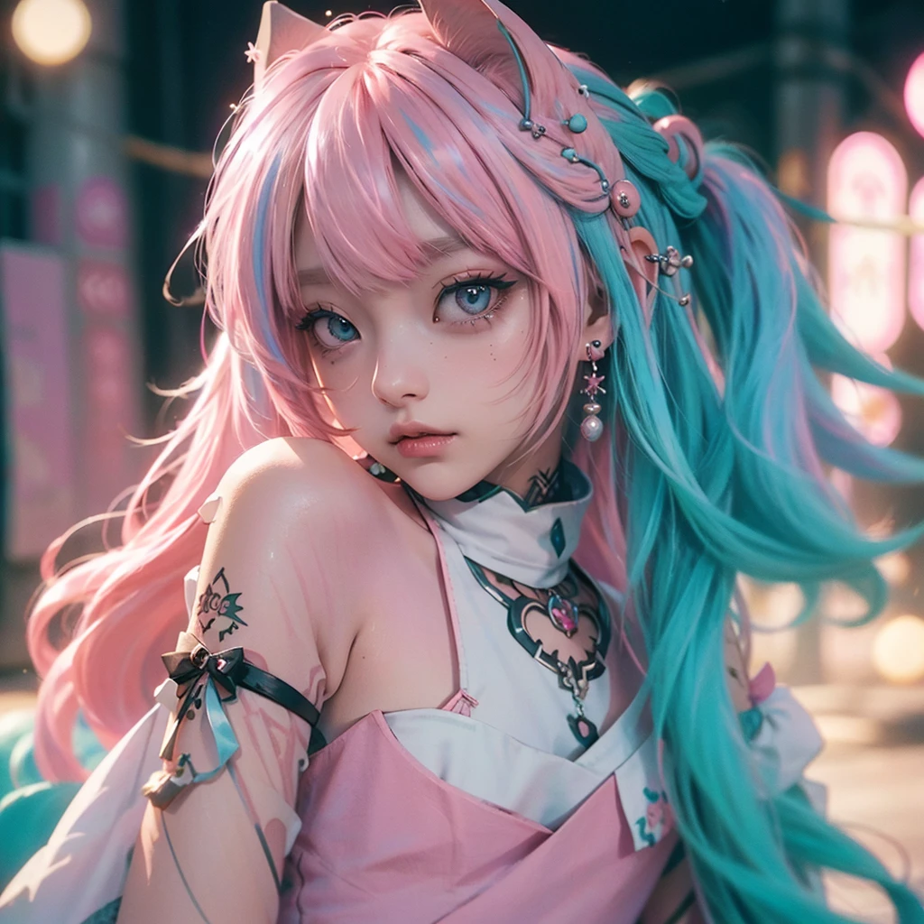 ((best qualtiy)), ((tmasterpiece)), (detail:1.4), Beautiful cyberpunk female images,hdr(HighDynamicRange),Ray traching,NVIDIA RTX,Hyper-Resolution,illusory 5,sub surface scattering,PBR textures,post-proces,Anisotropy Filtering,depth of fields,maximum definition and sharpness,Many-Layer Textures,Albedo e mapas Speculares,Surface coloring,Mitsu-Accurate simulation of material interactions,perfectly proportioned,rendering by octane,Two-colored light,largeaperture,Low ISO,White balance,Rule three points、8K raw data、Beautiful bright blue pupils,off-the-shoulder clothes,Fine pupils,Delicate face and eyes,long eyelasher,Blushlush,Delicate and fluffy hair,pink lip,Pure,Cute face,Sweet girl,Artistic sense,Casual wear,Advancedsense,butterflys,Cherry blossom petal,Beautiful hair accessories,Long hair and waist,Hair fluttering in the wind,Snow-white fox ears,curlies