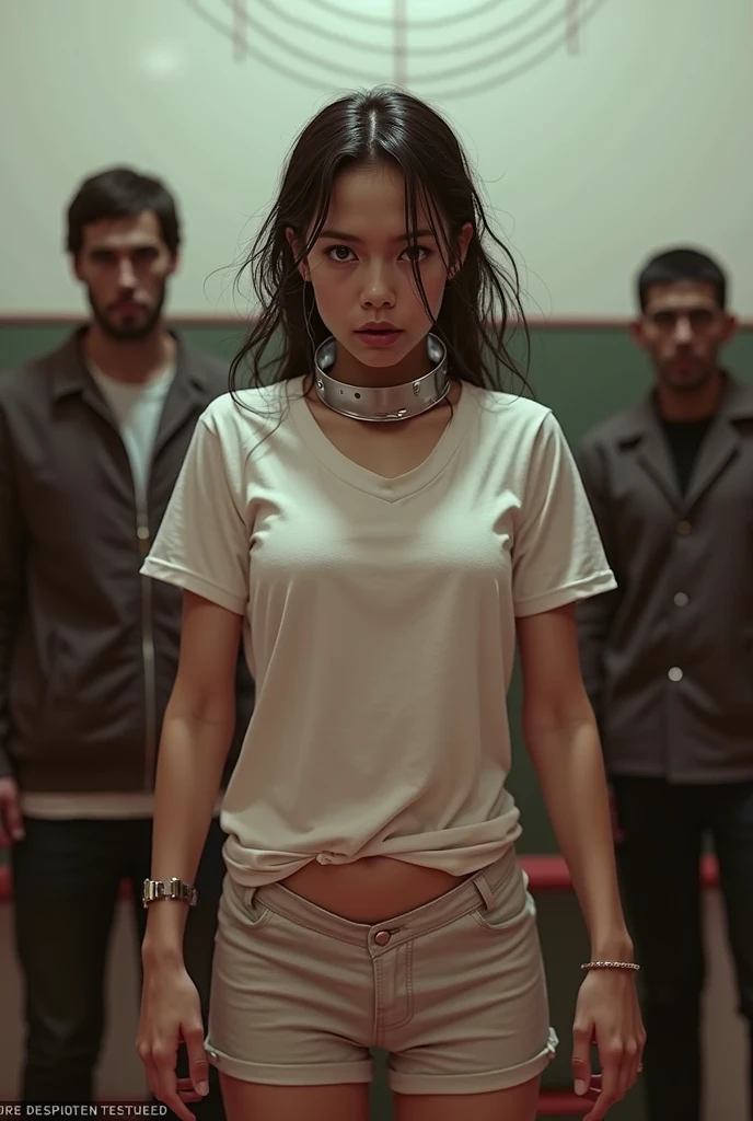 reads, A beautiful Indonesian woman, wearing a cream coloured t-shirt with a strong vector design featuring a silhouetted image of a downward arrow symbol in an orange colour full of splash blood. The phrase "ANTRI WOOE" is displayed in elegant and simple bold letters, distressed typography with pastel colours, while holding her miniskirt, short wavy hair, one handed pose pointing cameramen, in a public place, surrounded by many naked men, seductive pose, jav idol, with front shooting angle, very realistic, (complex detail: 0.9), (hdr, hyperdetail: 1.2), RAW, Sony Alpha a9 II, 24-105mm f/4, HDR,
