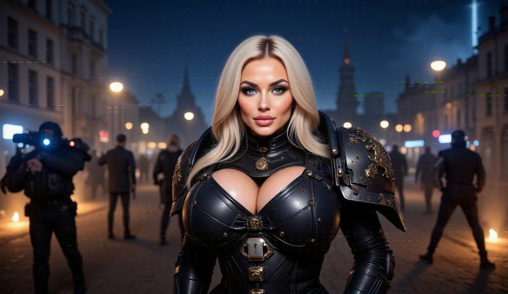 (ultra realistic) (Female Space Marine) (Black Space Marine power Armor)(Long platinum hair) (MILF) (A very beautiful face) (Cleavage) (Bimbo) (The battlefield on the background) (Night) (Bimbo lips) (Blue eyes) (at full height) (sexy pose) (high heels) (big boobs) (sexual facial expression) (curves body)