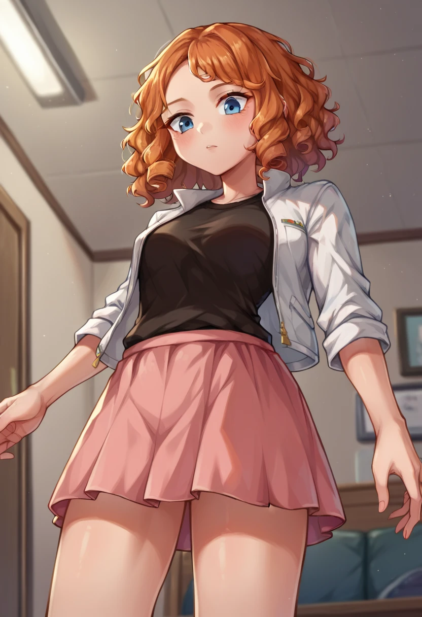 score_9,score_8_up,score_7_up BREAK melissaSDXL,1girl,blue eyes,shirt,jacket,short hai,rorange hair,black shirt,curly hair,white jacket,pink skirt,cowboy shot,room,room background,from below,