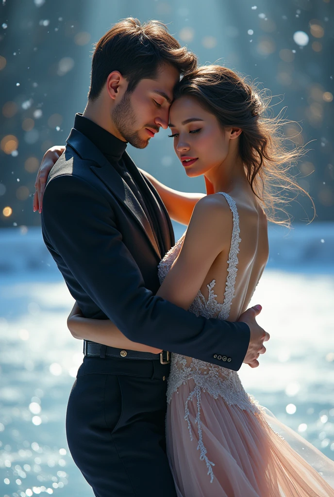 Create an image that captures the essence award-winning photograpy, Visualize a enchanting photo of passionate Couple in a Snowy park. Their skin should be meticulously detailed, with eyes that glow with life, and a facial structure that fits the golden ratio of attractiveness, including clear double eyelids. | They are wearing trendy yet elegant winter outfit, and they are moving with a dynamic and bold grace. The setting is a beautiful Snowy park, with them poised under the warm light of sunlight, casting striking shadows around them. Capture them from a low angle to reveal their whole body in a dynamic pose, adding to the intensity of the scene. They look each other passionately, their expression both engaging and ethereal. | Rendered in ultra-high detail and quality, this masterpiece ensures anatomical correctness and textured skin with super detail. With a focus on high quality and accuracy, this award-winning portrayal captures every nuance in stunning 16k resolution, immersing viewers in its lifelike depiction. | ((trendy and elegant winter outfit):1.1), ((fancy handgloves):1.1). | (((anatomical correctness))), (((perfect_fingers))), (((perfect_legs))), (((perfect_hands))), ((perfect_composition, perfect_design, perfect_layout, perfect_detail, ultra_detailed)), ((enhance_all, fix_everything)), More Detail, Enhance.
