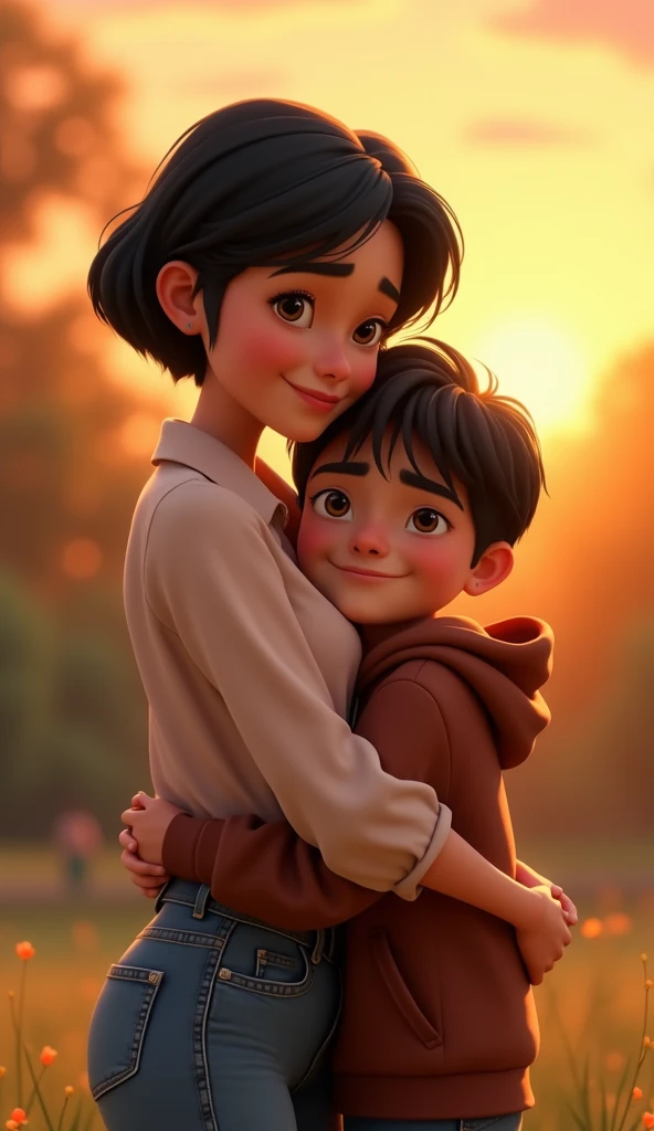 A 35-year-old mother in Pixar Disney style, About 1.65 meters with short  black hair, gentle and warm features with a caring smile, wearing a simple yet elegant pastel-colored blouse and comfortable jeans,A 13-old-year boy in Pixar Disney style,About 1.4 meters, with vibrant short brown hair, large expressive black eyes full of curiosity,with a slim build, looking somewhat frail,Wearing a deep hoodie and long jeans, Mother embracing boy in a heartfelt hug, sunset in the background, the boy's face relieved and comfo, Park