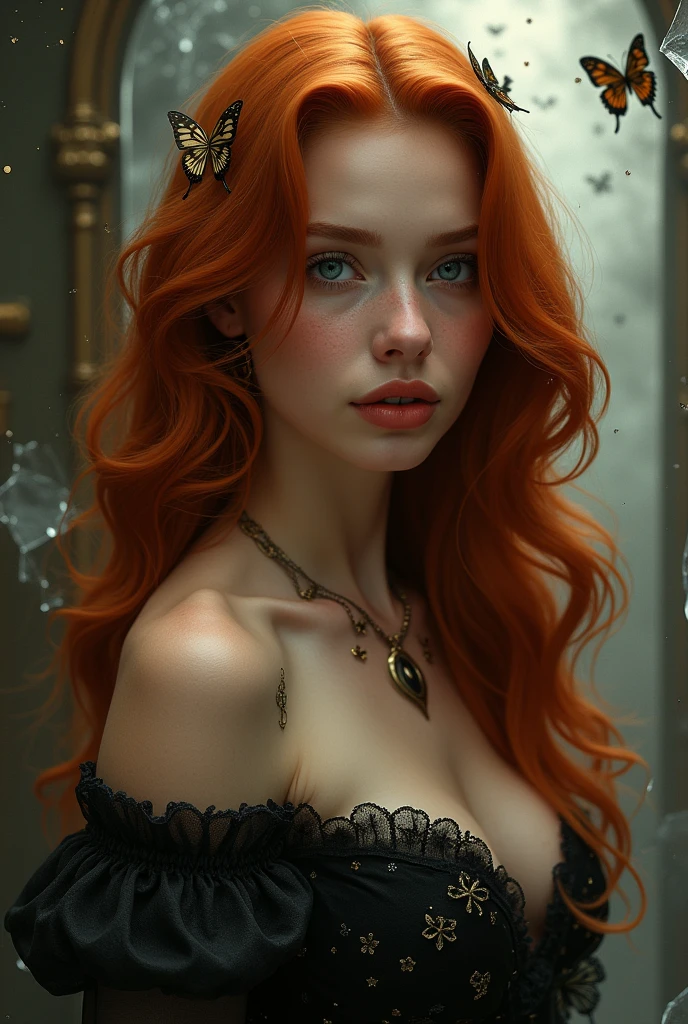 (solo, full body photo:1.3), (action packed:1.3), (haze, fog, mist:1.3), chiaroscuro, best quality, photorealistic, 1woman, (cute), (24yo:1.2), redhead, long ginger hair highly detailed, 1700'S, digital photography, art by artgerm and ruan jia and greg rutkowski surreal painting gold butterfly filigree, broken glass, (masterpiece, sidelighting, finely detailed Fashionable eyes: 1.2) (perfect oval large eyes that gazes at the viewer), beautiful detailed face, blue gorgeous perfect eyes, (blonde hair ponytail), (attractive young woman:1.3), (thick amazing hair), (seductive:1.1), (blushing:1.1)