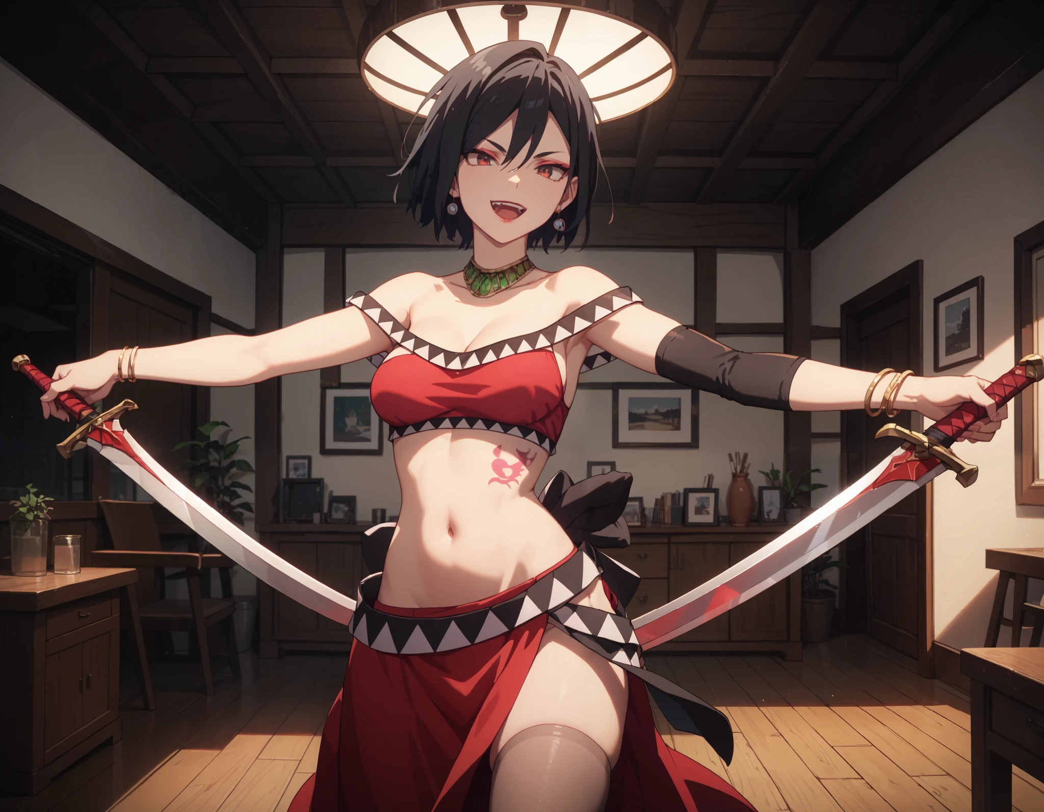 dtbshaozi, best quality, masterpiece, uncensored,1girl, solo,tsurime,black hair,stomach tattoo, midriff, short hair, breasts, navel, earrings, cleavage, medium breasts, bracelet, red eyes, necklace, makeup,lipstick, thighhighs,  indoors,room, holding a sword, sword, dual wielding, evil smile, open mouth, smile, outstretched arms