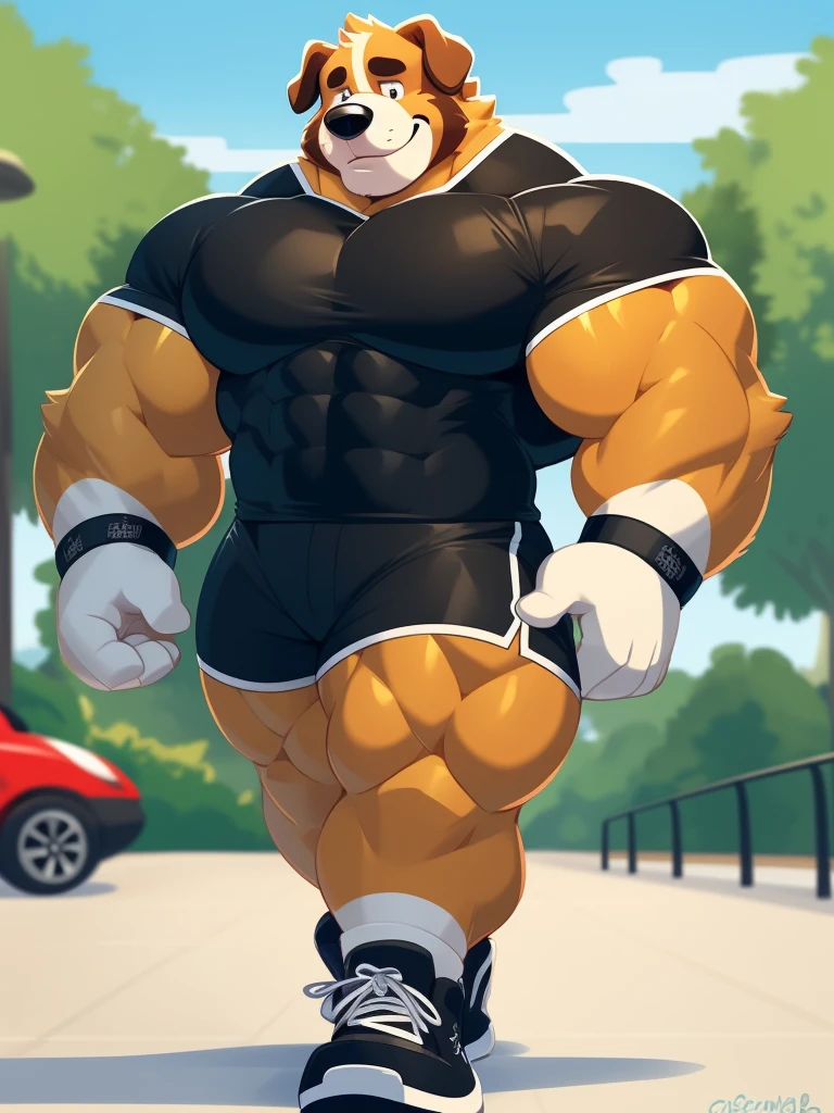 high quality，极high quality，HD，8K，Mature male leopard Fury, muscular，short hair, Wearing sportswear, Wearing a peaked cap，Wearing sneakers，Smile，Stand ahead，Wave，crowd，High-rise，Shop sign，Full body portrait