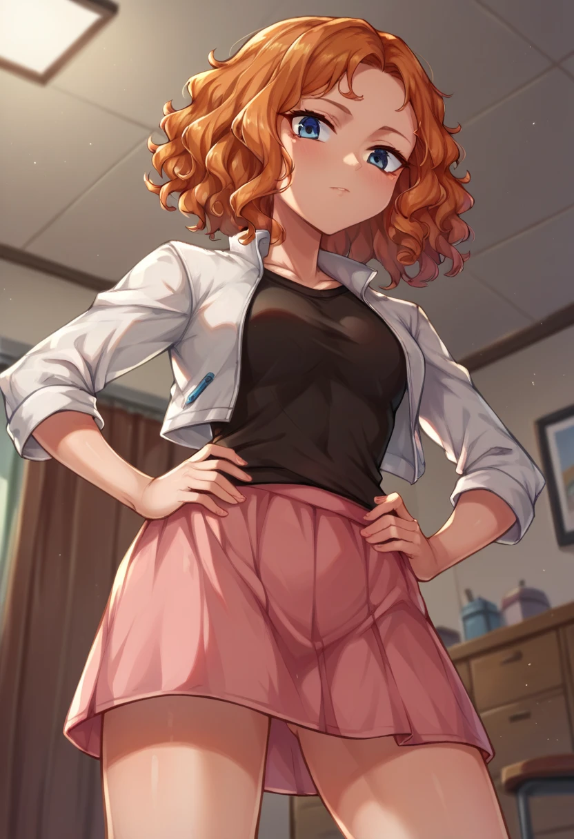 score_9,score_8_up,score_7_up BREAK melissaSDXL,1girl,blue eyes,shirt,jacket,short hai,rorange hair,black shirt,curly hair,white jacket,pink skirt,cowboy shot,room,room background,from below,hands on hips