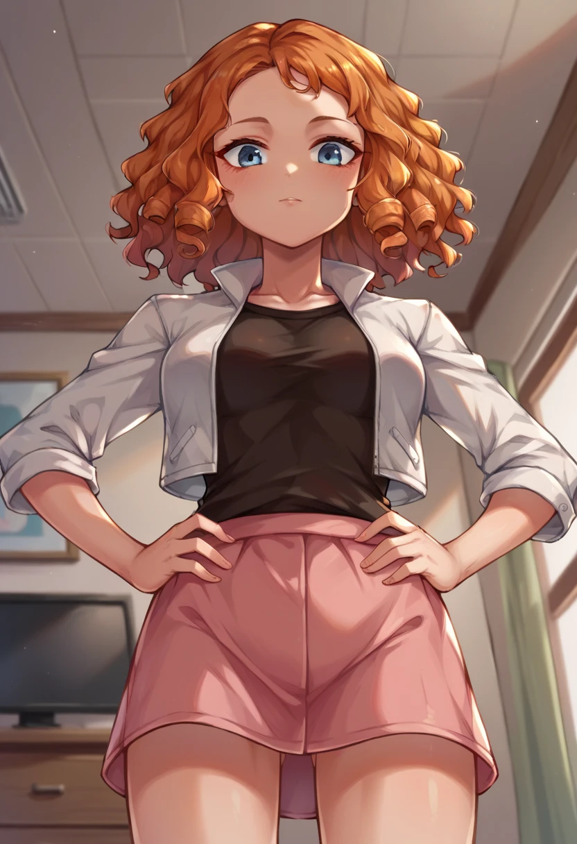 score_9,score_8_up,score_7_up BREAK melissaSDXL,1girl,blue eyes,shirt,jacket,short hai,rorange hair,black shirt,curly hair,white jacket,pink skirt,cowboy shot,room,room background,from below,hands on hips