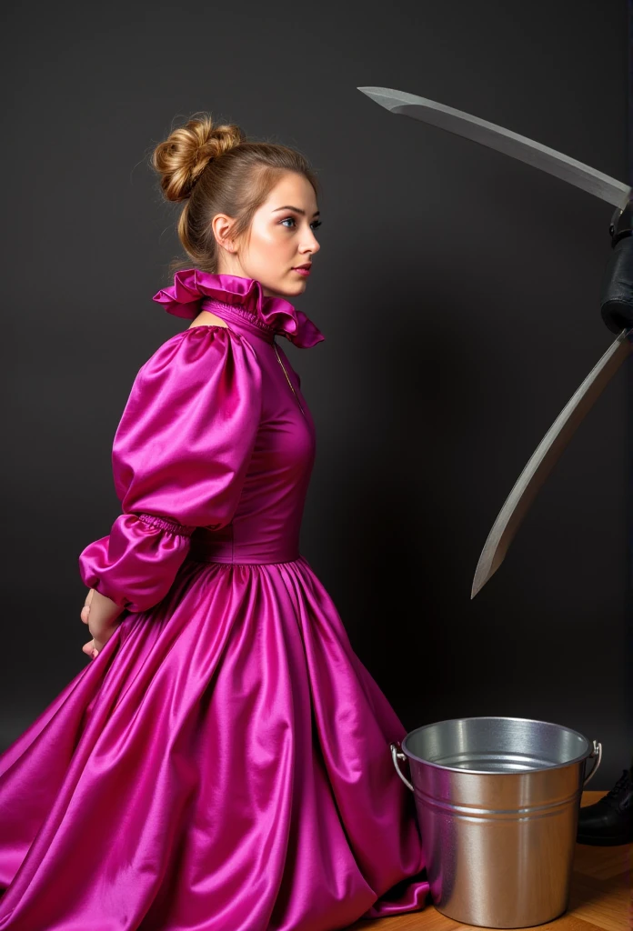 (realistic photograph close up sideways NSFW cheerful), (a pleased beautiful European kneeling orgasm lady with (messy hair bun), she is wearing (an elaborate extensive shiny fuchsia silk gown with (long gigantic puff sleeves), (and an ultra high narrow stand-up collar with a gigantic ruffle on top of the collar), (she has her hands behind her back)++++, (two happy females are grabbing her and force her to bow down over a large steel bucket on the floor in front of her), (she looks at you), (another pleased standing female executioner swings a huge shiny blade close behind her head)