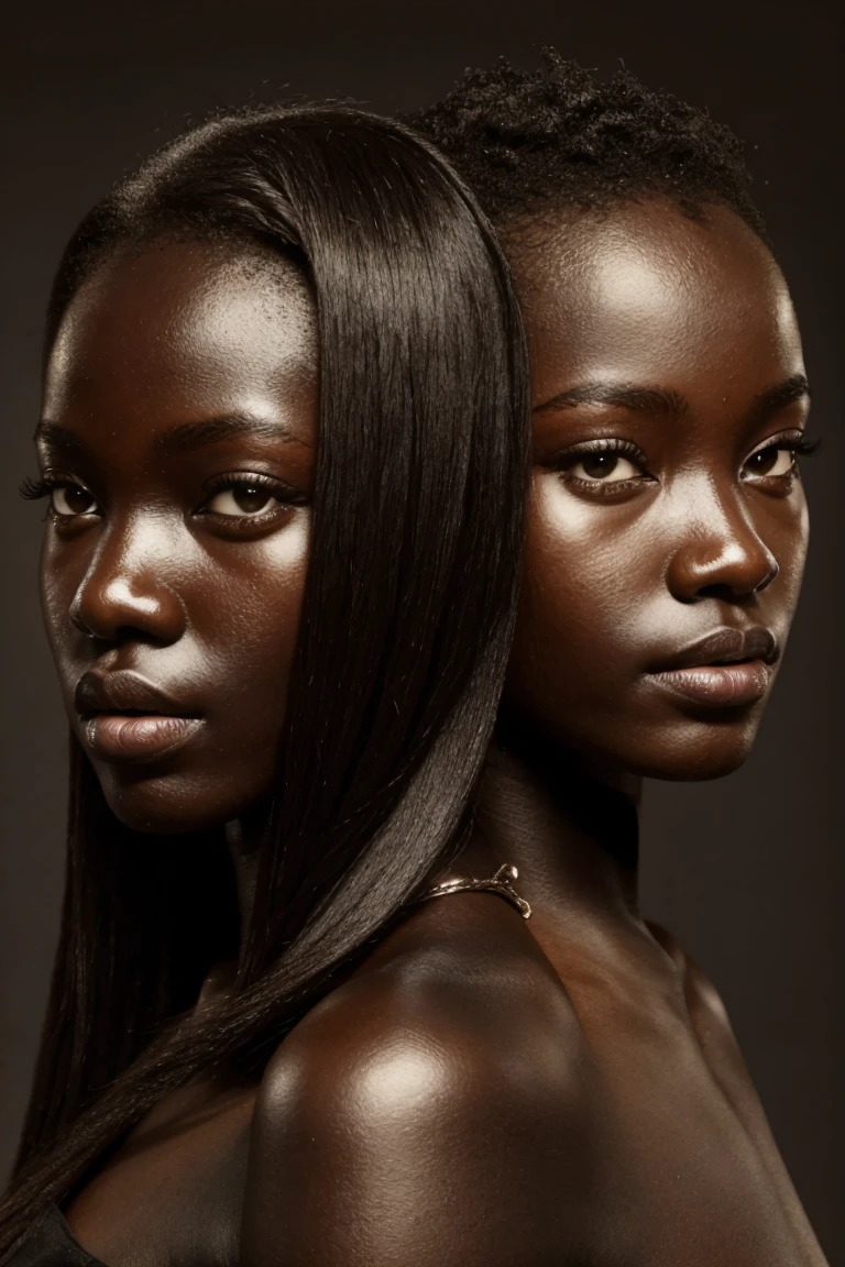 a detailed portrait of two beautiful teenage girls with dark skin, ajak deng,elle remonte ma jupe, réaliste, fille, skinny flat chested fille, belle bouche, bouche concentrée, sexy, lécher, ebony, yeux noir profond vif, orgasme, les yeux sont légèrement ouverts, les yeux de travers entre les sourcils dans l'extase, affaler sur un sofa baroque