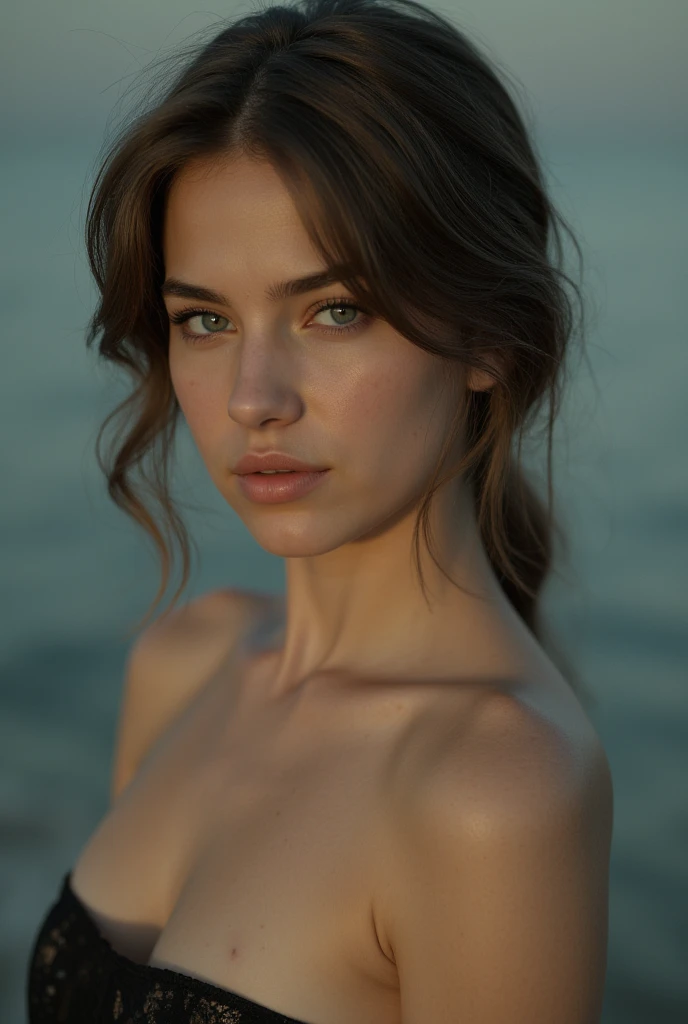 At the beach, girl splashing in the surf, well defined body, beautiful butt, realistic skin and hair texture, Unreal Engine 5