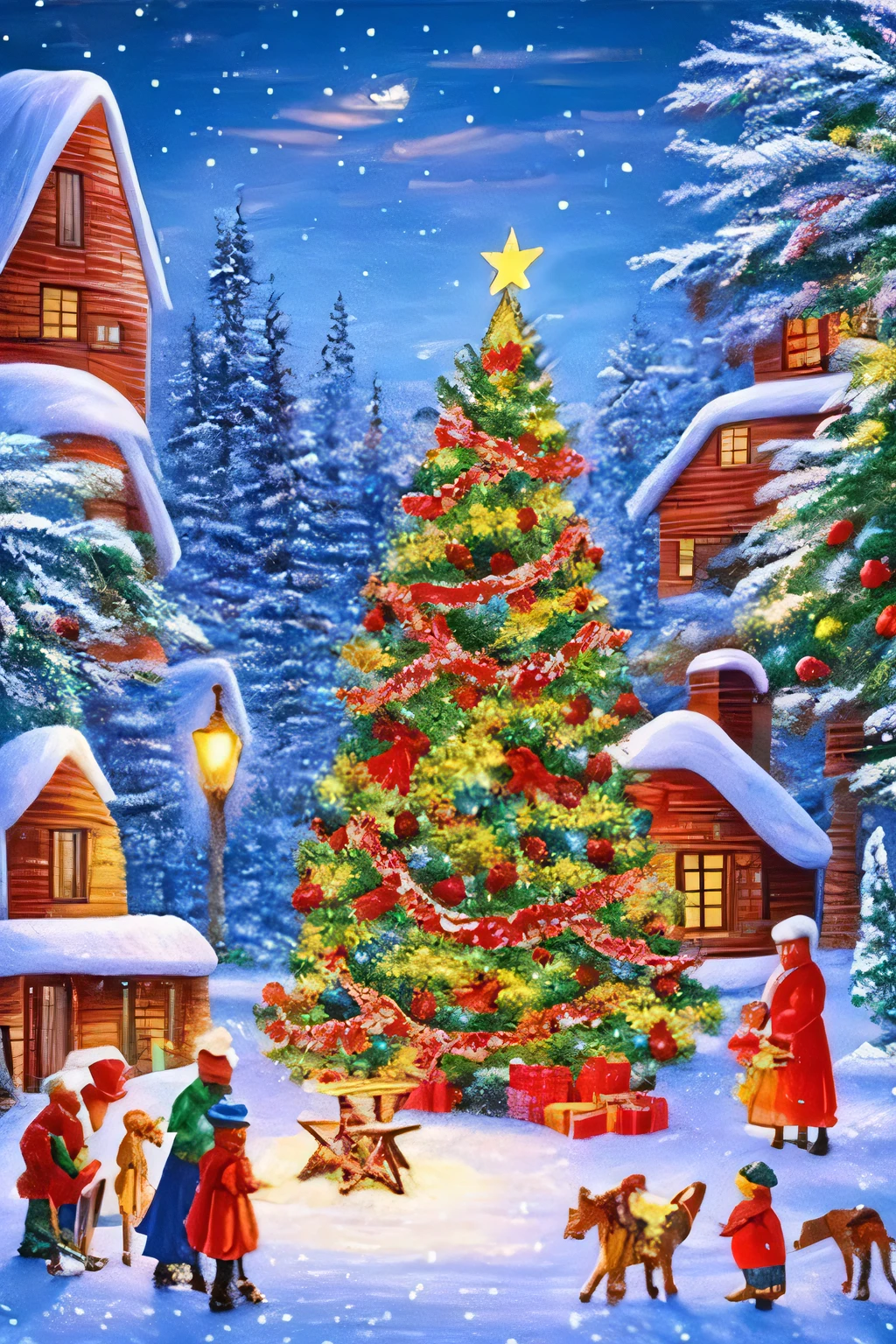 Picture of a Christmas scene with people and a Christmas tree, 3 2 x 3 2,  Holiday Season ,  High Resolution Details ,  hidden object images ,  Christmas Night, 2 5 6 x 2 5 6, 256x256, 2023 4k,  Jigsaw Puzzle ,  Senior Artist , 