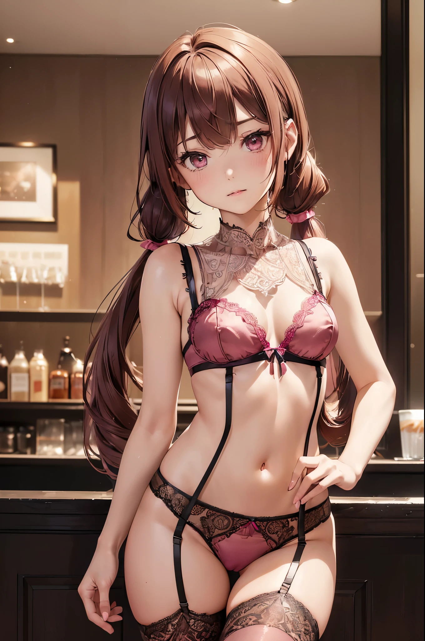 NSFW,(One girl:1.5),Arfan、Long Hair、Twin tails、Hair Ribbon、Small breasts、(Sexy Lace Lingerie:1.5),(Perfect hands),(Perfect Anatomy),(masterpiece),(highest quality),Embarrassed,blush,Love Hotel at Night