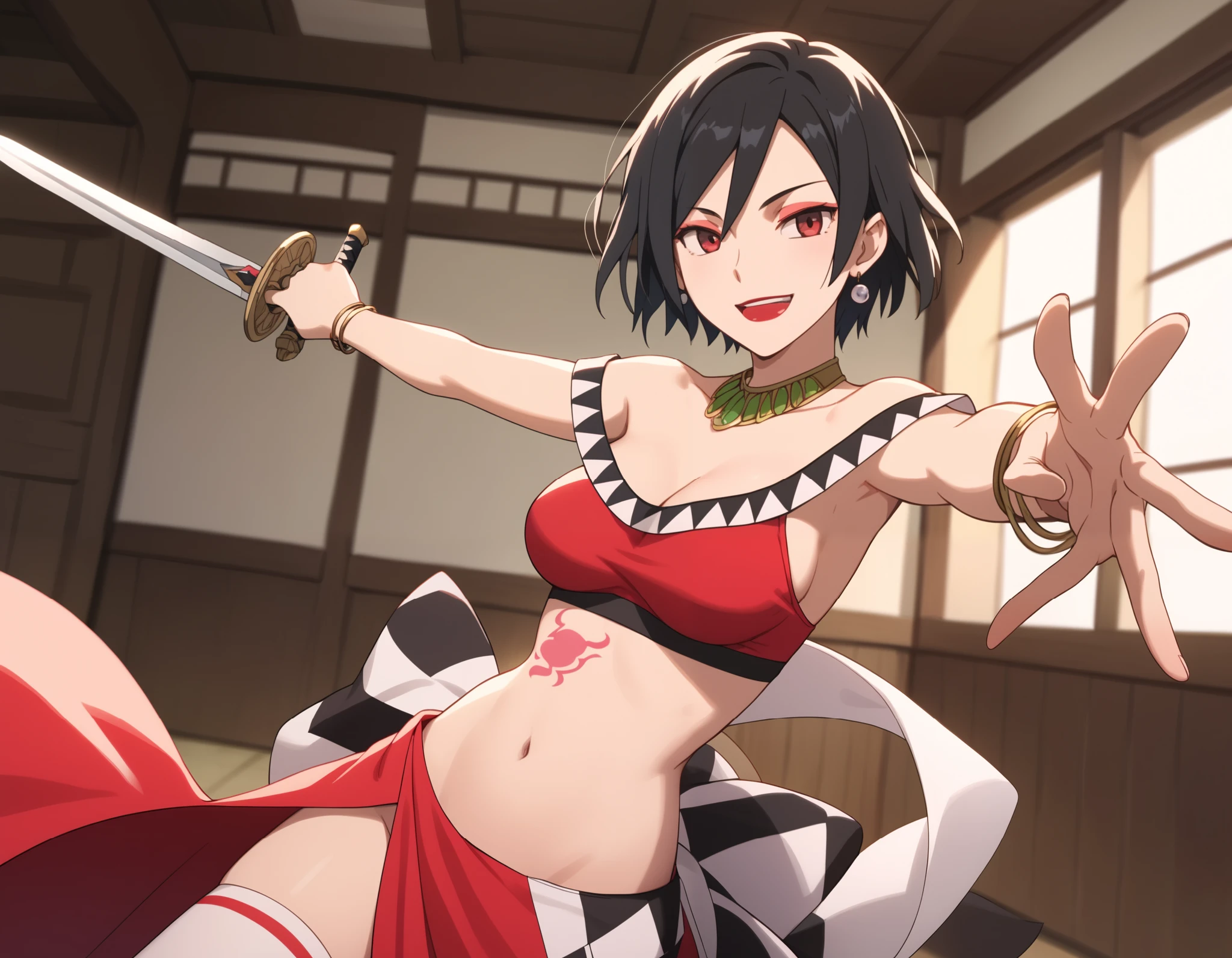 dtbshaozi, best quality, masterpiece, uncensored,1girl, solo,tsurime,black hair,stomach tattoo, midriff, short hair, breasts, navel, earrings, cleavage, medium breasts, bracelet, red eyes, necklace, makeup,lipstick, thighhighs,  indoors,room, holding a sword, sword, dual wielding, evil smile, open mouth, smile, outstretched arms