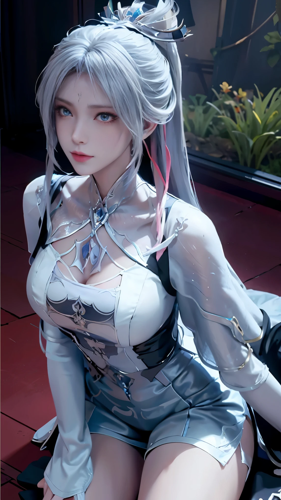 a white hair、Close-up of Miss wearing white mask, Beautiful character painting, Gu Weiss, Gurwitz-style artwork, White-haired god, author:Yang Jie, Epic and beautiful character art, Stunning character art, author:Fan Qi, by Wuzhun Shifan, pixiv Art Street Guviz, Single ponytail, insult, High Ponytail, Tall and big, Long legs, (Sleeveless lace shirt), (shorts), (Striped )), ((Striped )), Walk, Elegant, dignified, Miss, Beautiful curves, sweet smile, Strong sense of detail and layering, Rich and colorful color, Has a unique texture, rich and colorful, color, Vivid, Design Art, 16k, Very detailed, {{illustration}}, {Extremely refined}, {Exquisite surface treatment}, Very detailed, Delicate and shining eyes, {{Light}}, Extreme light effect, Model: Realism, CFG size: 12, Laura: Bright texture (1.35), high quality, masterpiece, Exquisite facial features, Delicate hair depiction, Detailed depiction of the eyes, masterpiece, best quality, Light line tracing, Extremely detailed CG unified 8k wallpaper, masterpiece, best quality, (1 girl), Perfect Miss Body, (((Skinny white T-shirt))), beautiful eyes, (Delicate face), Black short hair, Tie your hair up, Light blue hairpin, Black silk frame glasses, in class, (White skin), (Optimal Lighting), (Super intricate details), 4K Unified, (Very detailed CG), Showing off her white legs, , Hot Pants, shorts,Sexy Long Legs, Thin waist, Sweat is running down my waist, Showing belly, Extremely detailed depiction, Pink Hair, Asymmetrical bangs, Transparent clothes, Hands on thighs, Move your eyes away, 8k resolution, Raise an eyebrow, Shiny hair, flower head, wristband, bandana,Leather sexy pose, simple grey background, Crawl to the audience, kitten pose, Get on all fours,