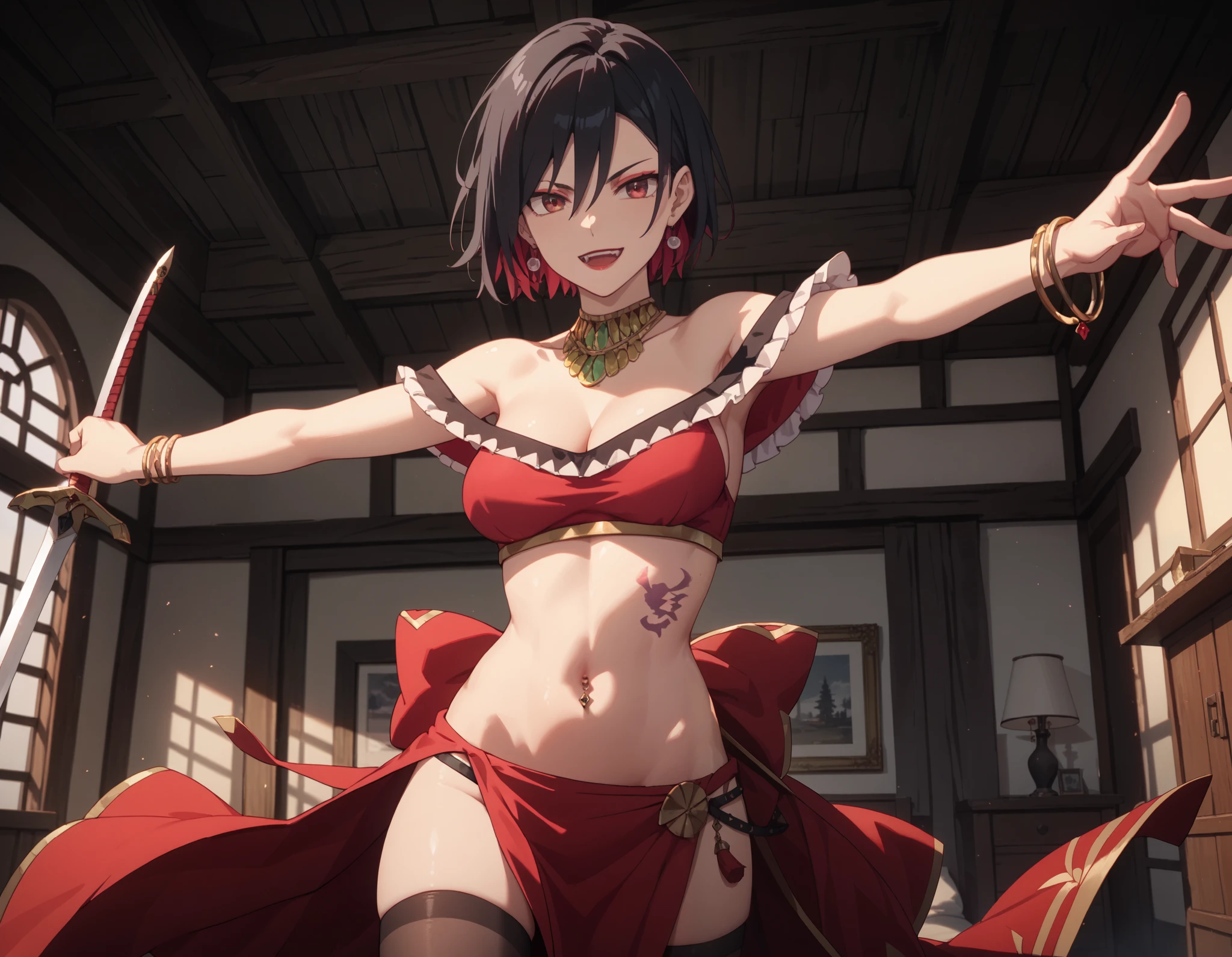 dtbshaozi, best quality, masterpiece, uncensored,1girl, solo,tsurime,black hair,stomach tattoo, midriff, short hair, breasts, navel, earrings, cleavage, medium breasts, bracelet, red eyes, necklace, makeup,lipstick, thighhighs,  indoors,room, holding a sword, sword, dual wielding, evil smile, open mouth, smile, outstretched arms, navel piercing, shiny skin