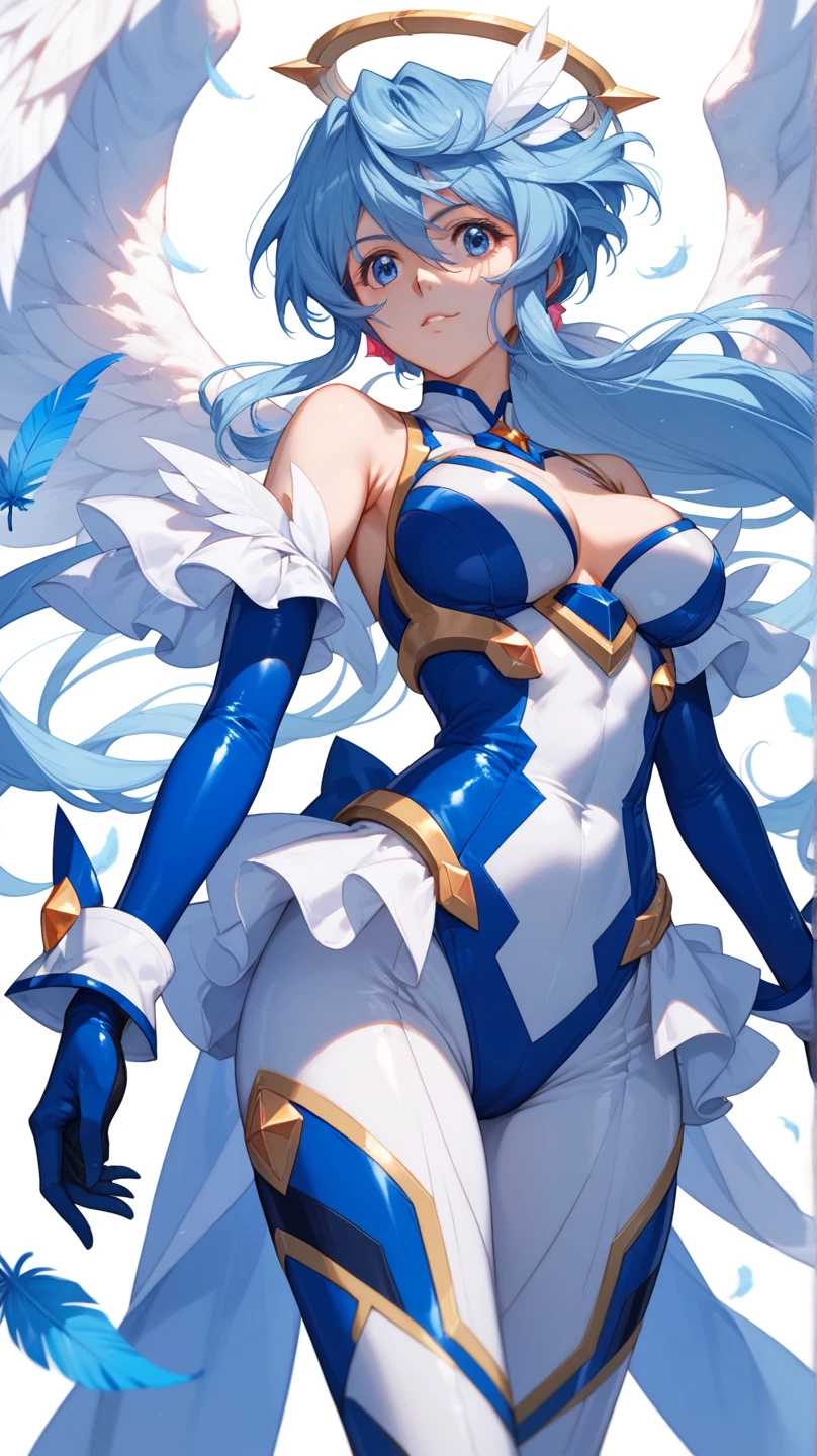 Illustration improvement: **masterpiece**, **best quality**, **ultra-detailed**, **super high resolution**, **Top Quality photorealistic Illustration**, **Super Definition**, **cute illustration:1.3**, **high Saturation:1.2**, **detailed beautiful face and eyes**, **an extremely delicate and beautiful**, **nice hands**, **perfect hands**, **appropriate posture**, **appropriate configuration**, **ideal ratio body proportions** BREAK
Theme: **Perfectly stylish and cute Mecha Girl**, **Anime goddess**, **Charming anime girl** BREAK
Number of people: **1 person (ultra-ultimate beautiful Mecha Girl)** BREAK
Face details: **A woman with long gray hair and deep blue eyes** BREAK
Movement details: **Standing still** BREAK
Emotion: **Calm smile** BREAK
Viewpoint: **From the front** BREAK
Composition: **Full body** BREAK
Background details: **Abstract background with star-like elements, suggesting a space or sci-fi theme** BREAK
Costume details: **Stylized female figure with mechanical elements incorporated into her design. Specifically, a combination of futuristic armor and bodysuit. The armor has silver and gold accents, and the bodysuit is mainly white and gray, with blue LED lights flashing.** BREAK
Wings:((( **Mechanical wings are spreading from her back**))). BREAK
Body type: **Slim, with a emphasized cleavage** BREAK
Hair style and color: **Long gray hair** BREAK
Light and shadow: **Natural light and shadow** BREAK
Illustration size: **768x768** BREAK
Illustration atmosphere: **Anime style** BREAK
Other: **Mechanical accessories** BREAK
World view: **Fusion of anime and manga** BREAK
Style: **Anime goddess**, **Charming anime girl**, **Beautiful and charming anime woman**, **Detailed details**. **Girls' Frontline**, **Top rated on pixiv**, **from Girls' Frontline**, **Kusharuto Krentz Key Art Feminine**, **Azur Lane style**, **Anime Barbie in white stockings**, **From the video game of Azur Lane** BREAK
Power words: **Artistic**, **genius**, **perfect**, **ultimate**,
