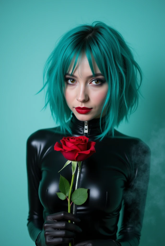 Close-up of a woman with vibrant teal-blue short hair and striking makeup. 


She is wearing a black, form-fitting bodysuit that resembles leather or latex. The bodysuit has a high neckline and a visible zipper. 


Her makeup is bold, with a noticeable red lipstick and defined eyes. The eyeshadow subtly accentuates the eye shape.


The woman holds a single, deep red rose in her hand. The rose is in sharp focus, contrasting beautifully with the dark tones of her attire. 


The background is a muted, light teal-blue color, which creates a soft, ethereal contrast to the vibrant elements of the image. 


A subtle smoky or hazy effect is visible around the figure, adding a touch of mystique.