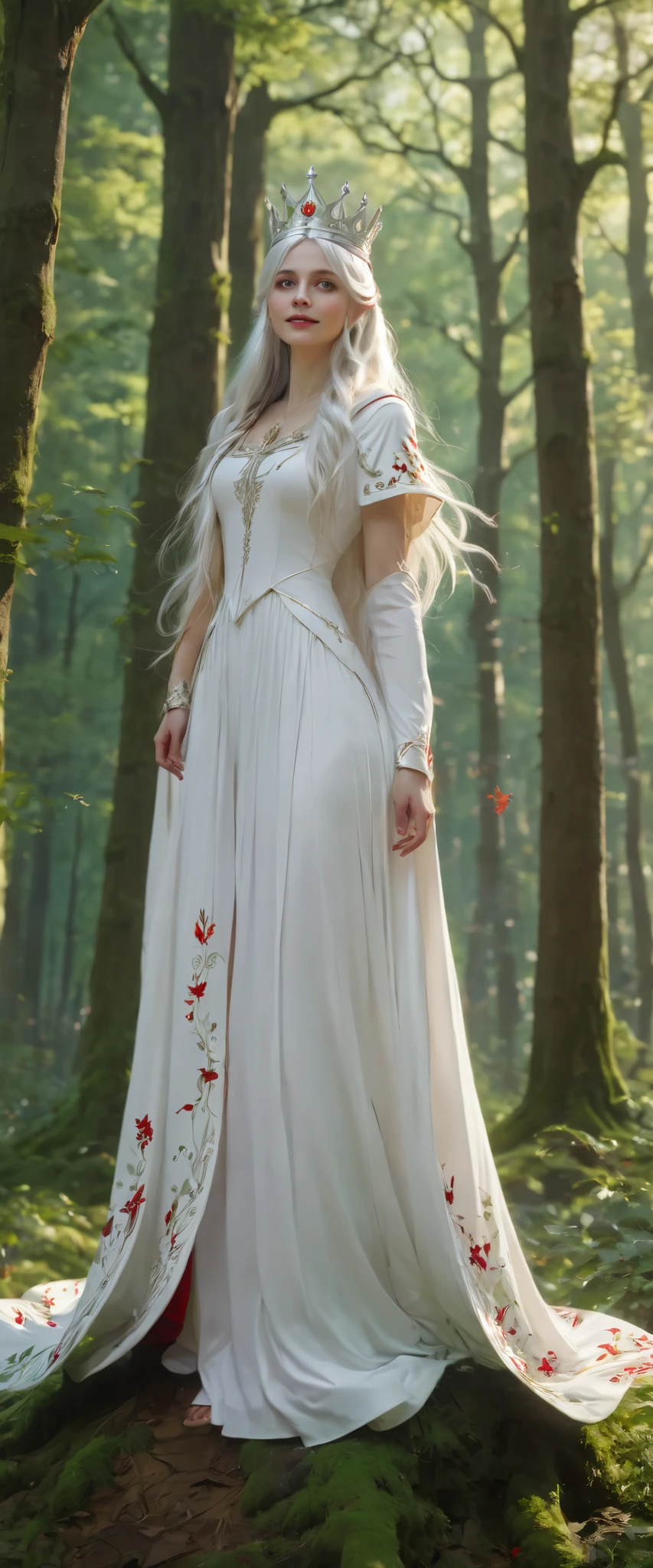 Grateful girl, white long hairs, with white dress and red cloak, the crown in the head, stand in the forest waiting someon, she is very kind, she have sweety smile, full body, high quality, high details, artistic style, respectful attitudeextremely detailed) CG unity, 8k wallpaper, (cinematic angle), perfectly designed