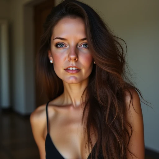 1 girl,  long hair ,  open mouth , Breasts,  brown hair , bang, bang на глаза,  very long hair ,  jewelry ,  purple eyes ,  Open lips , earrings, language,  headphones, Gives,  Widescreen ,  masterpiece fails,  Best quality ,  window Realistic anatomy , 