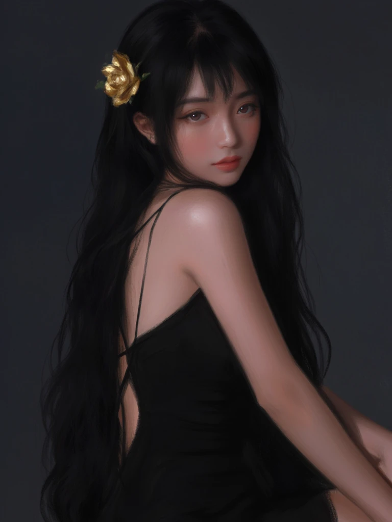 Image is a digital painting featuring a woman with long, flowing dark hair adorned with a gold rose accessory. She has fair skin and is depicted with a serene expression. The woman is wearing a black, strappy dress that accentuates her form. The background is a dark, muted color, adding to the dramatic and elegant atmosphere of the artwork. The style is realistic with soft, painterly brushstrokes, emphasizing the play of light and shadow on her skin and clothing.