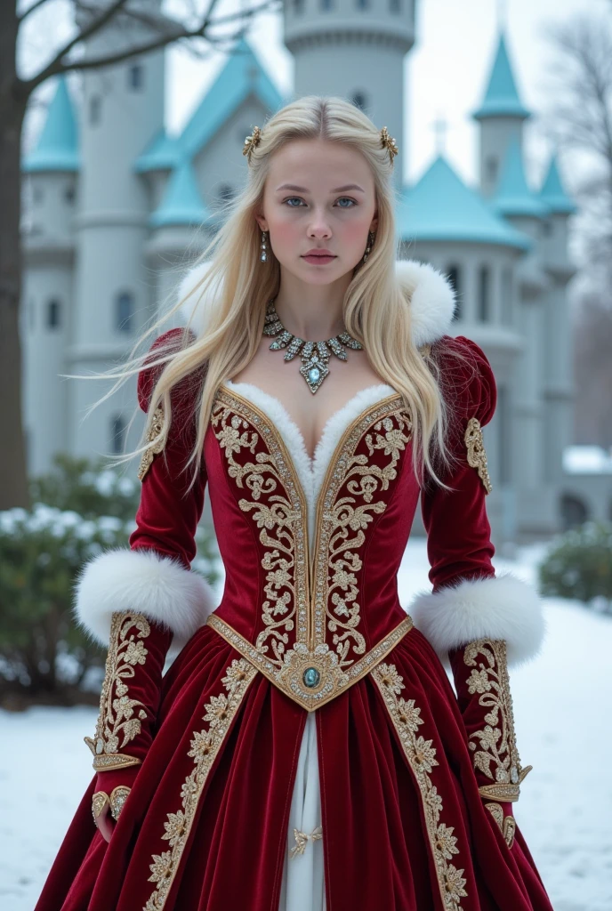 Full shot of a woman with long, light blonde hair, wearing a lavish red velvet gown adorned with gold embroidery and embellishments. 


The woman's complexion is fair, and she has delicate features.  Her expression is calm and direct. She is wearing a statement necklace with sparkling jewels.  The dress has a deep V-neckline, and the sleeves are long, with fur trim on the upper part of the sleeves. 


The gown is layered and has a structured bodice.  The embellishments are intricate and detailed, adding a rich visual texture to the garment. White fur accents frame the sleeves and part of the neckline.


In the background is a pale-blue or light-gray fairytale-type building, suggesting a wintery or magical environment.  Some trees are partially visible in the background. The overall lighting and color palette have a soft, dreamlike quality, lending a vintage or fantasy feel to the image.