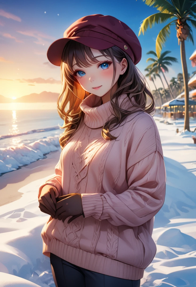 anime,  girl ,  Beautiful, sweater,  warm pants ,  soft gloves, hat, winter beach background , palm trees, garlands ,  snow ,  masterpiece fails, 8 k,  complex , bright colors, rich colors ,  Best quality ,