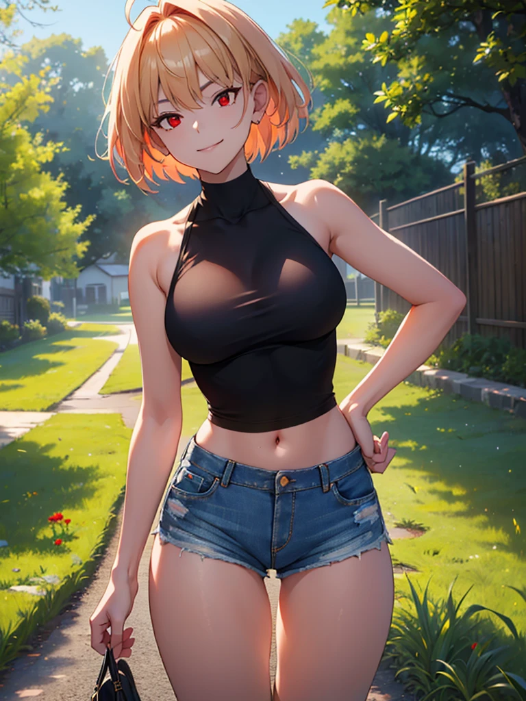 (​masterpiece, top-quality, hight resolution, Unity 8k, extremely details CG:1, Best Picture), a woman in an adult film shoot, Adult Film Actress, arcueid brunestud, blonde hair, (red eyes:1.5), short hair, ahoge, 1girl, Upper body, "A seductive young woman standing confidently on the side of a quiet rural road, surrounded by wide-open fields and a long stretch of pavement. She is wearing revealing clothes, such as a fitted crop top and short denim shorts, designed to grab attention. Her posture is bold and flirtatious, with one hand on her hip and the other holding her thumb out. She has a knowing smirk on her face, clearly aware of the effect her appearance has on passing drivers. The warm sunlight highlights her playful yet provocative demeanor, blending with the peaceful countryside setting."