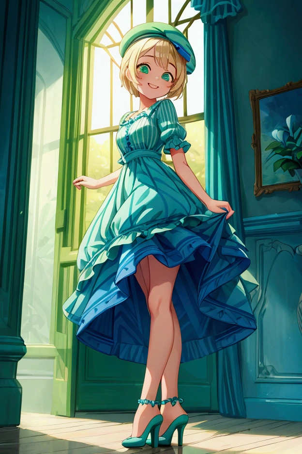 (masterpiece, best quality) 1 girl (Landscape: standing, indoor, intricate detail, sunlight) (Outfit: blue and green frilly striped dress with short neckline, high heels, beret) (Body: white blonde short hair, green eyes, teen gorgeous body, gorgeous legs, lovely, pronounced big breast, smiling