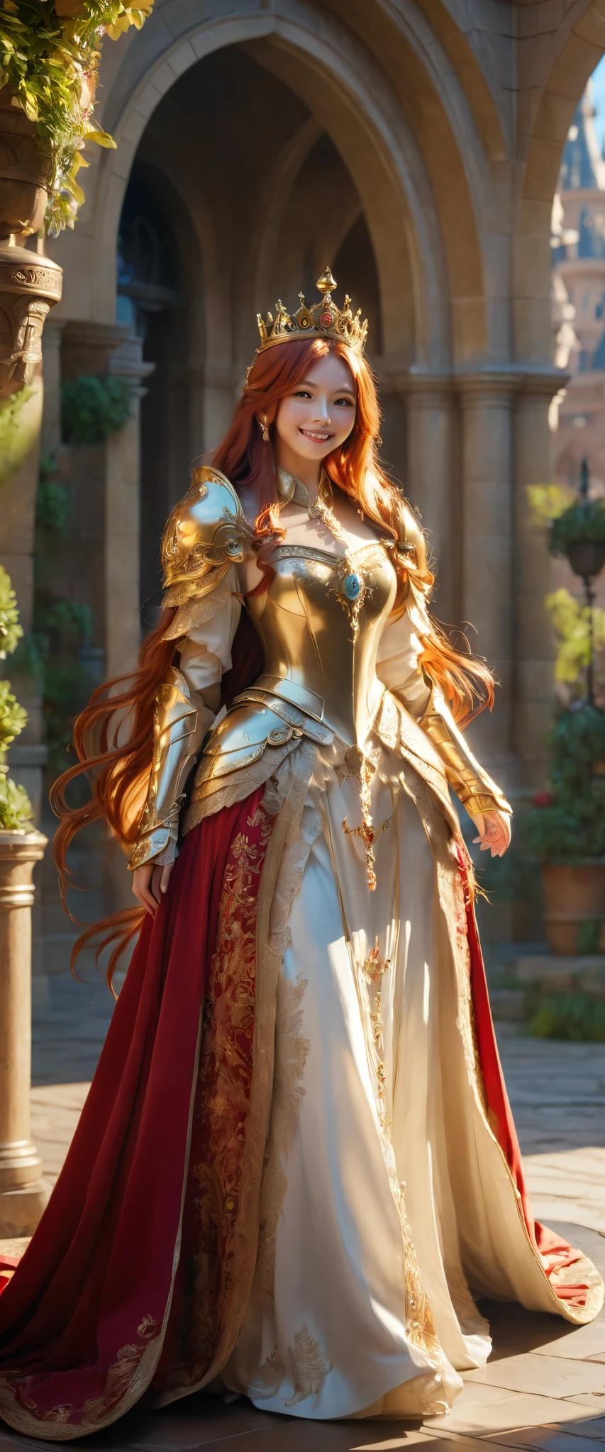 Once upon a time, live the beautiful princess, with golden armor and cloak, long red hairs, crown on the head, waiting someone for a love, she have beautiful smile, courtyards, full body, (Masterpiece), (best quality), (high quality), (extremely detailed) CG unity, 8k wallpaper, (cinematic angle)