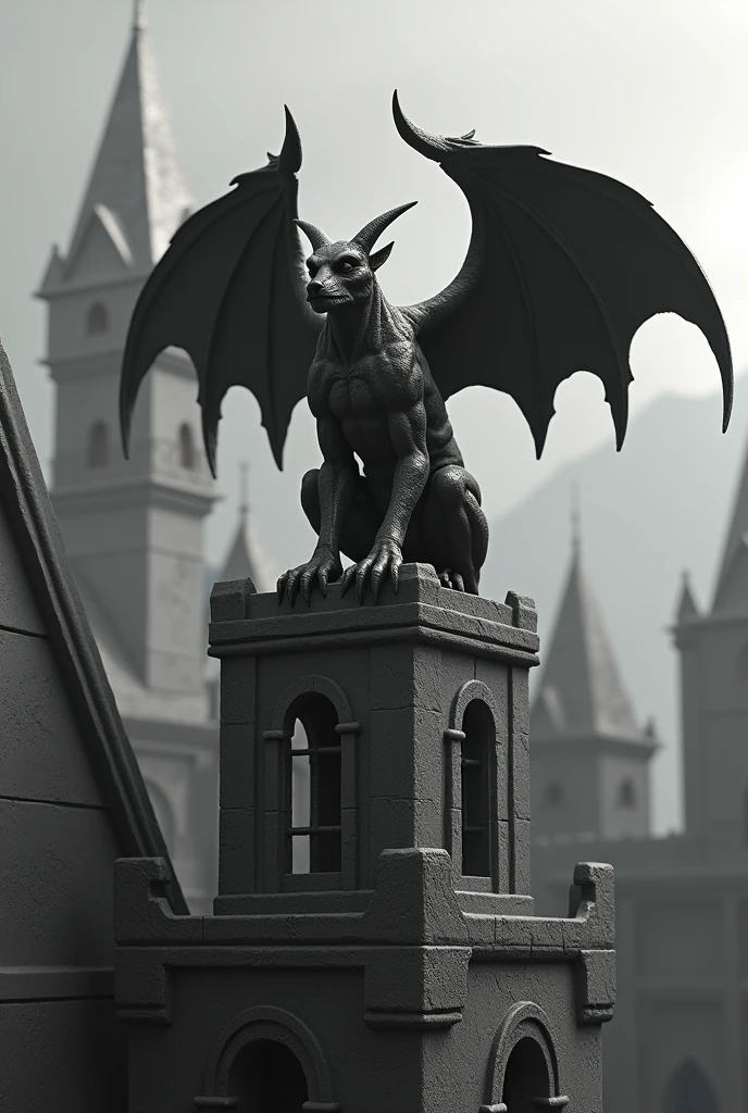 (medium full shot) of (petrifying slate grey polished stone gargoyle) with perched body, majestic wings, blue eyes, curved horns, spines along back, set in  a mystical ancient ruin, with hidden runes, faint whispers, an enchanting presence, at dusk, ,Masterpiece,best quality, raw photo, realistic, very aesthetic