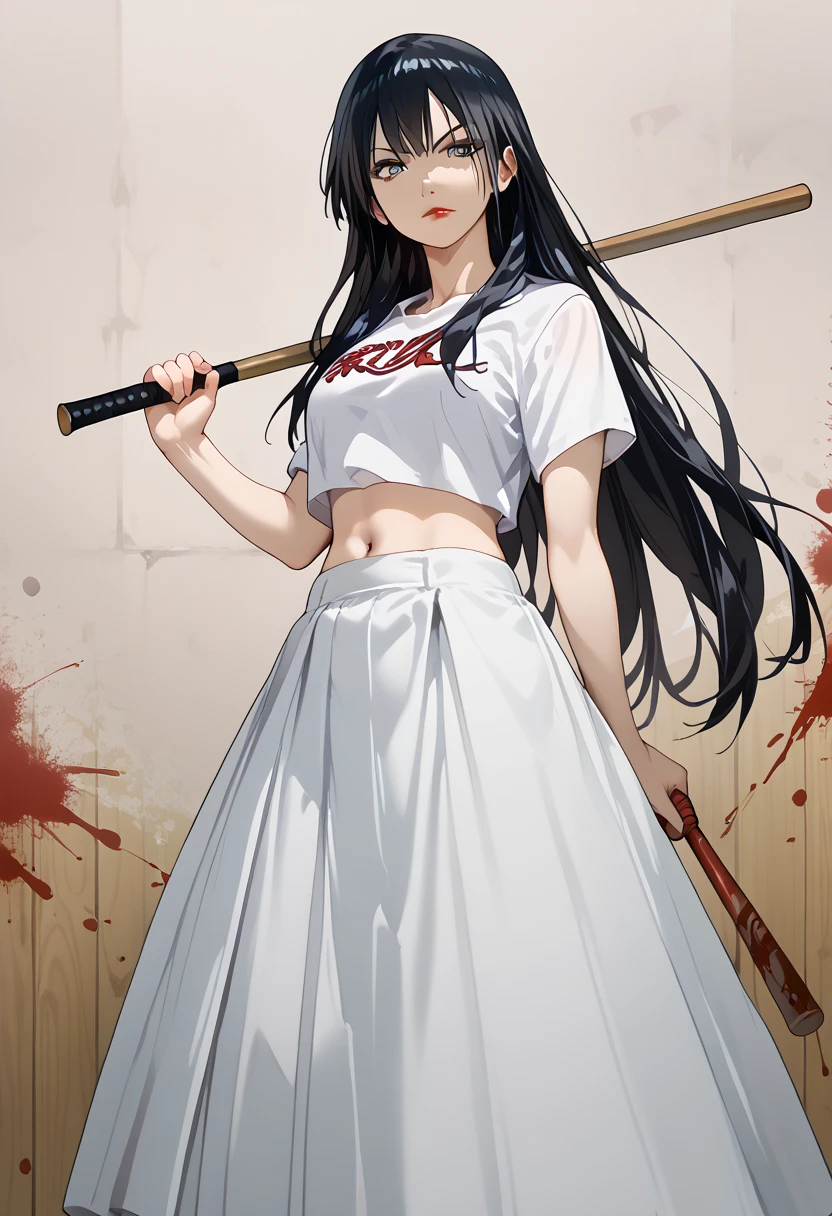 Aoi_Kunieda,  black hair,   long hair on background,  blue eyes, Sukeban
uniformed,Wooden sword,  Long Skirt, Baseball bat, belly button, blood