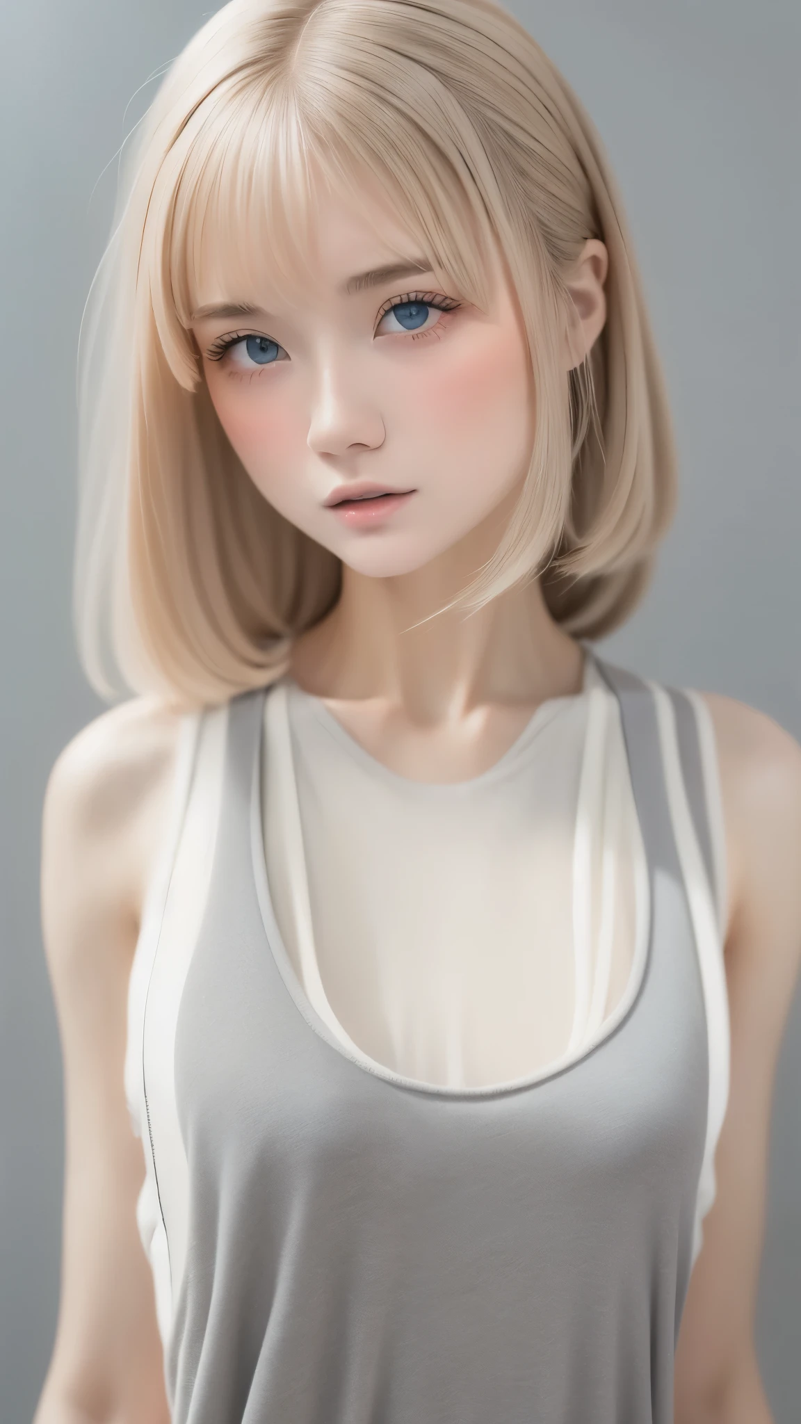 photorrealistic、a girl 、very fine、slim and beautiful、((breasts small:1.2)) narrow shoulders、realisticeyes、realisticeyes、、disheveled platinum blonde hair、Maximum quality、ultra-high resolution、８ｋ、not until, very tight wet panties, transparentes, detailed chest